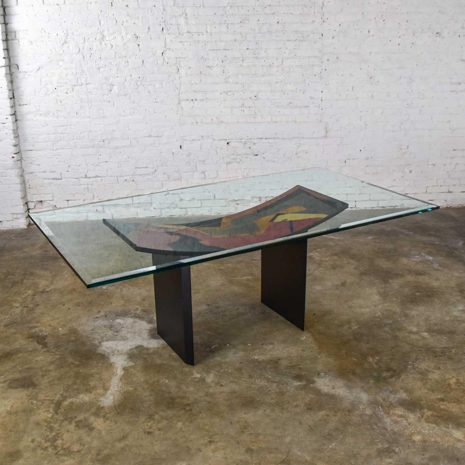 Post-Modern Italian Dining Table by Pietro Costantini Black Lacquer and Geometric Inlay For Sale