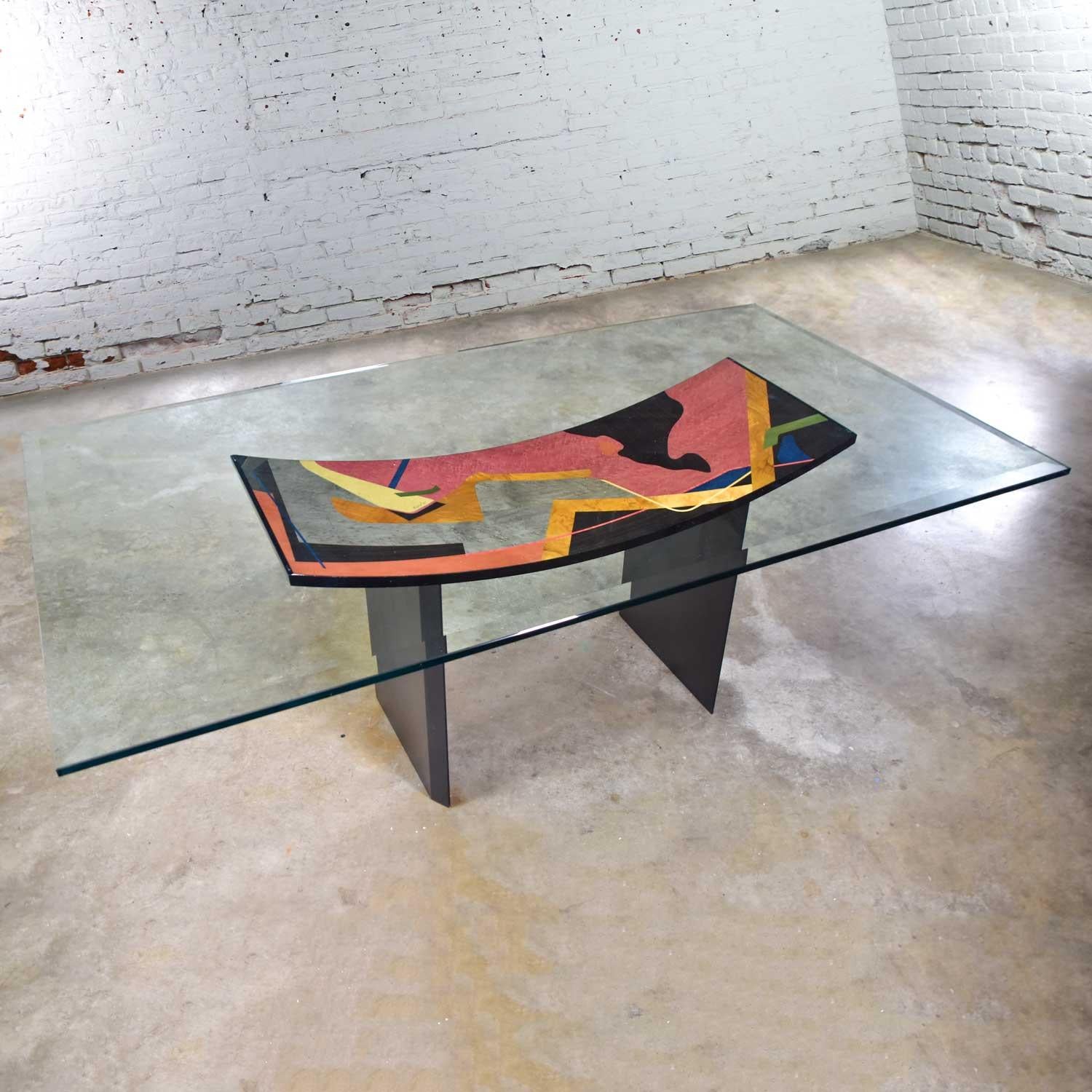 Lacquered Italian Dining Table by Pietro Costantini Black Lacquer and Geometric Inlay For Sale