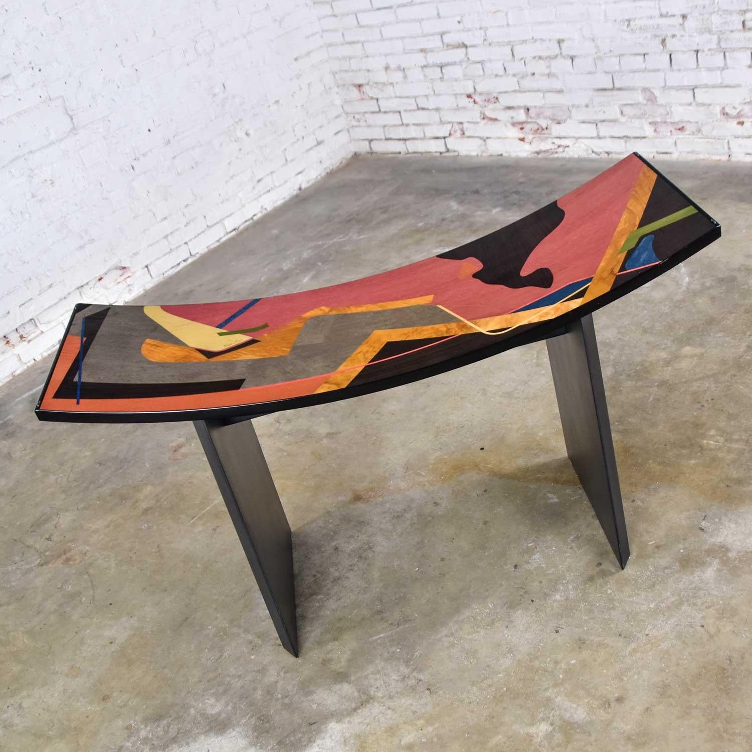 Wood Italian Dining Table by Pietro Costantini Black Lacquer and Geometric Inlay For Sale