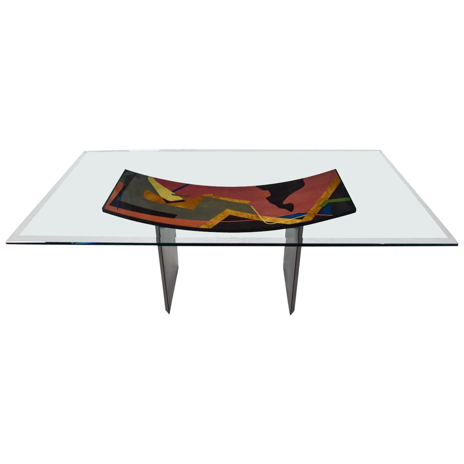 Italian Dining Table by Pietro Costantini Black Lacquer and Geometric Inlay For Sale