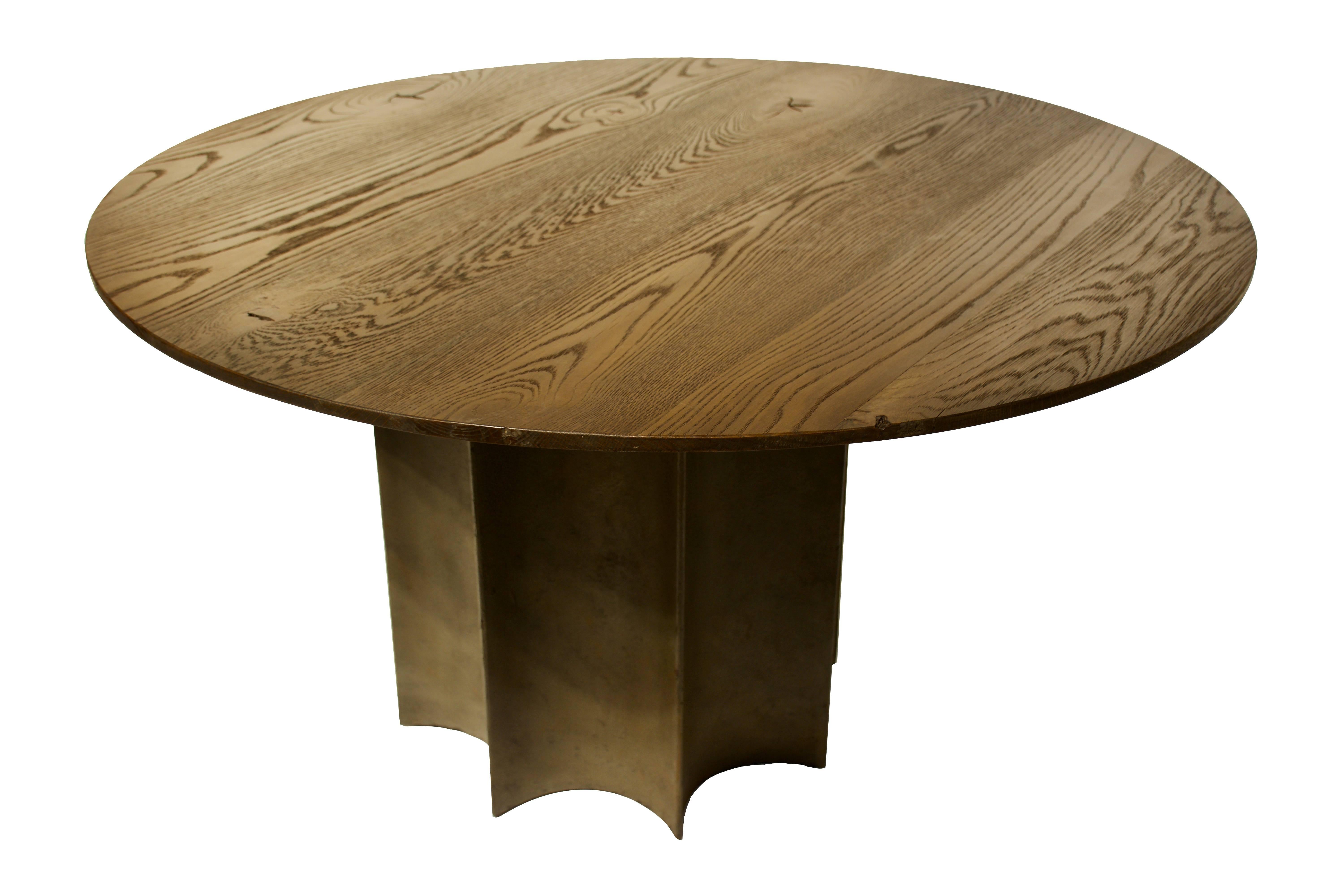 White oak top, steel base dining table.