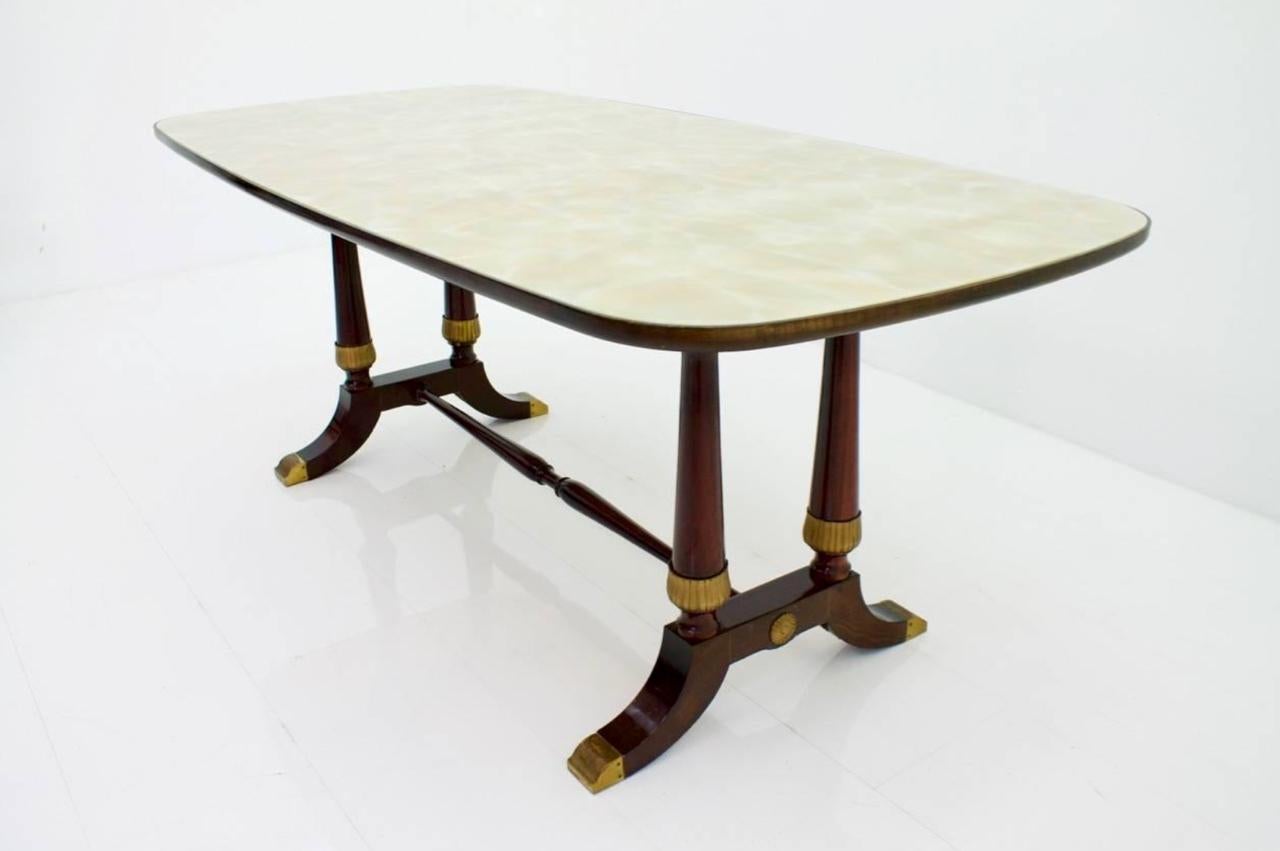 Mid-20th Century Italian Dining Table from 1959 in Glass, Wood and Brass by Fratelli Strada, Roma For Sale