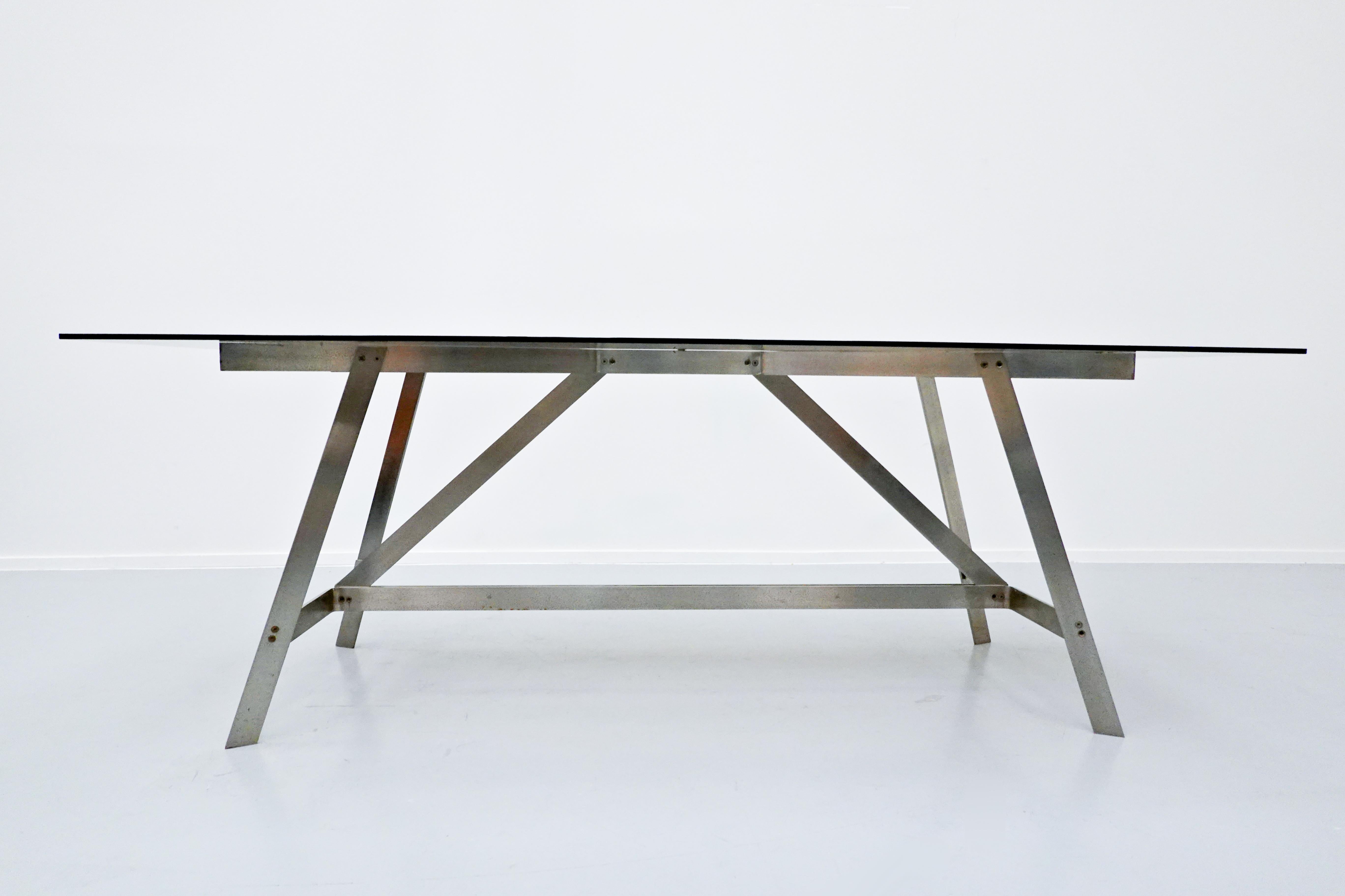 Italian dining table, glass and steel, 1970s.