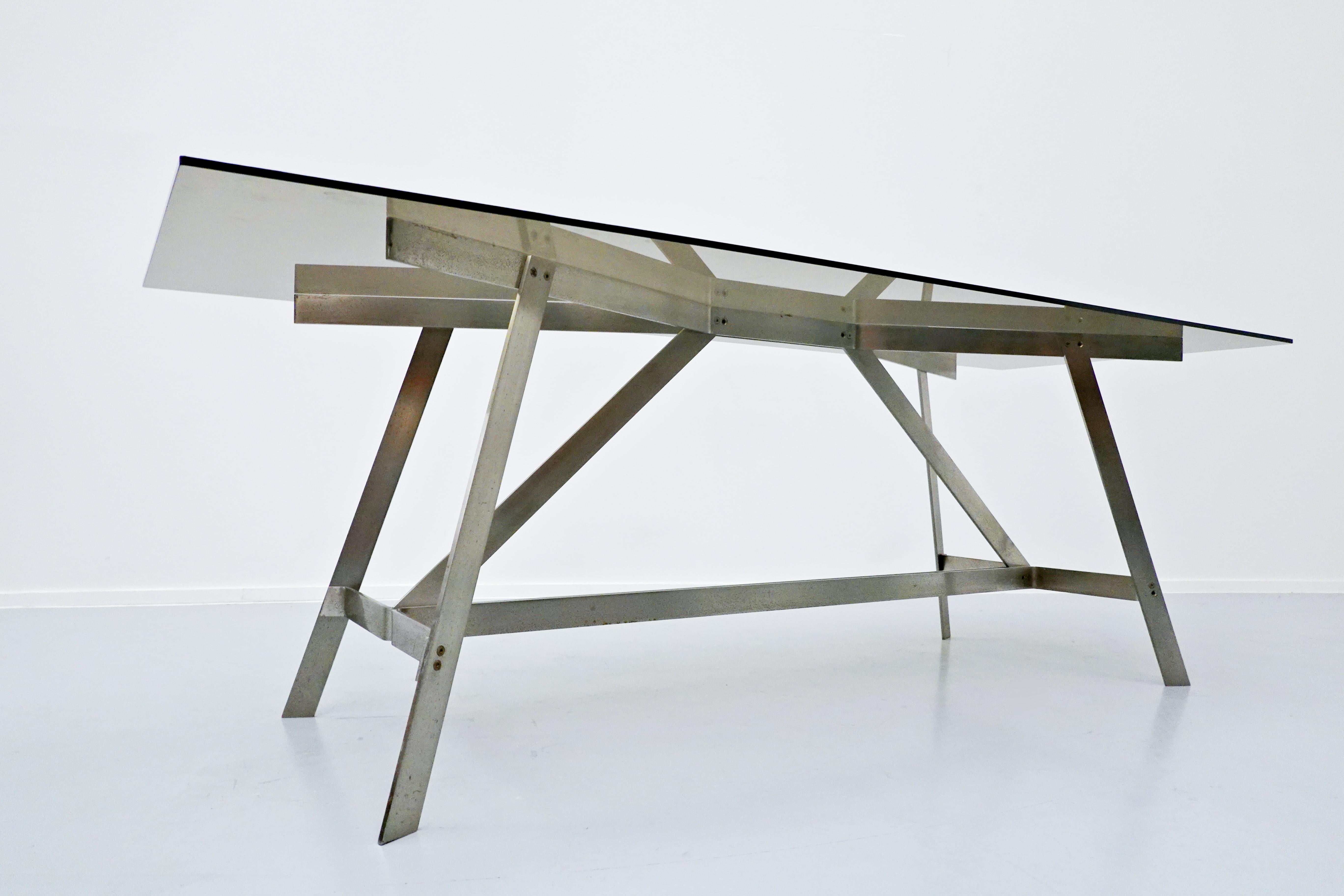 Italian Dining Table, Glass and Steel, 1970s In Good Condition For Sale In Brussels, BE