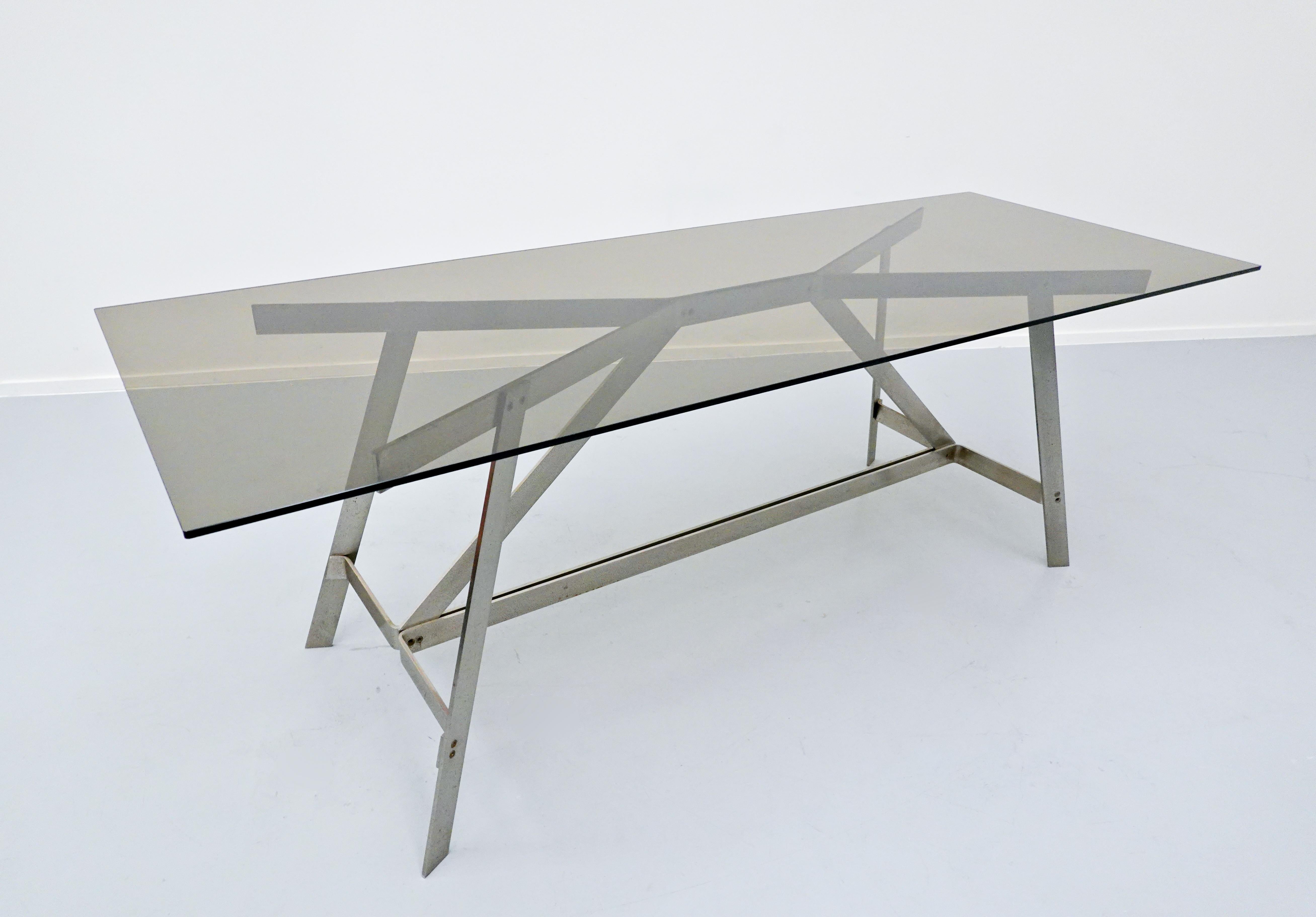 Italian Dining Table, Glass and Steel, 1970s For Sale 1