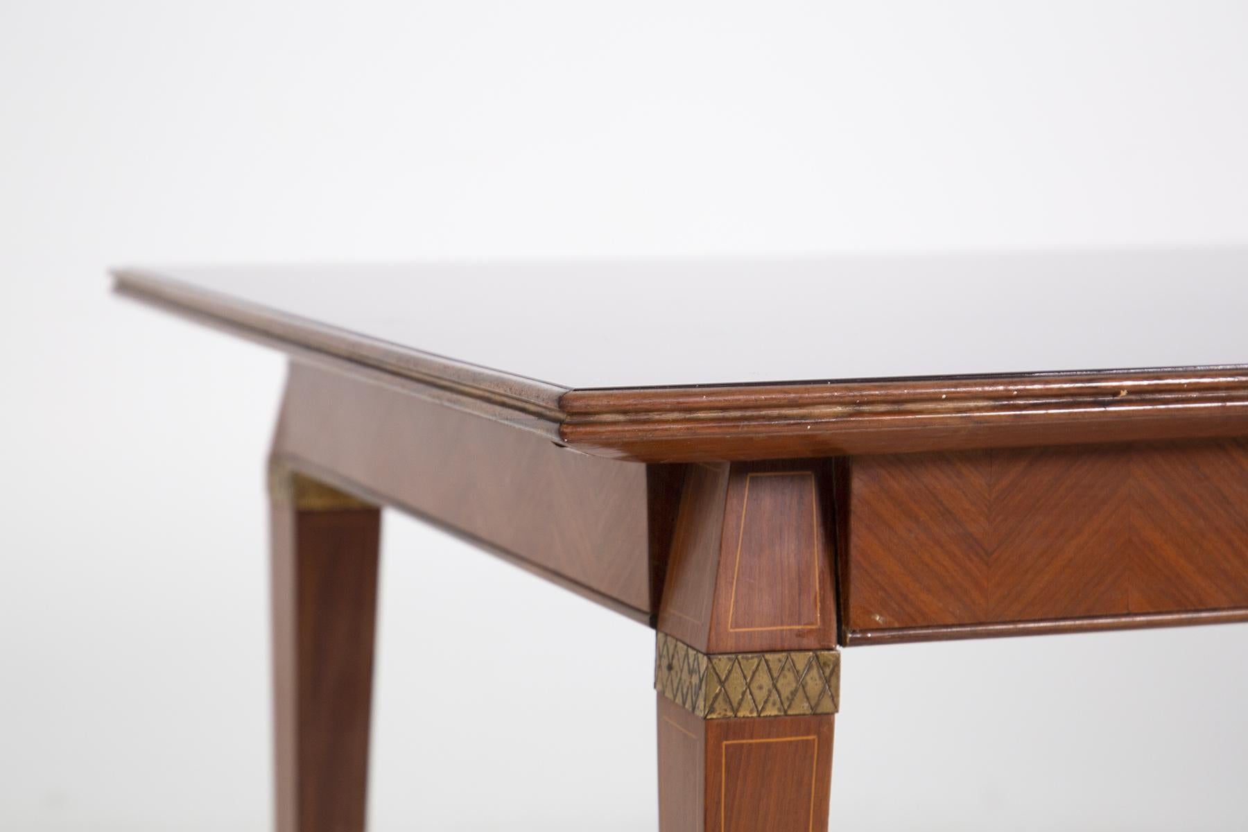Italian Dining Table in the Style of Paolo Buffa in Wood, Brass and Smoked Glass For Sale 5