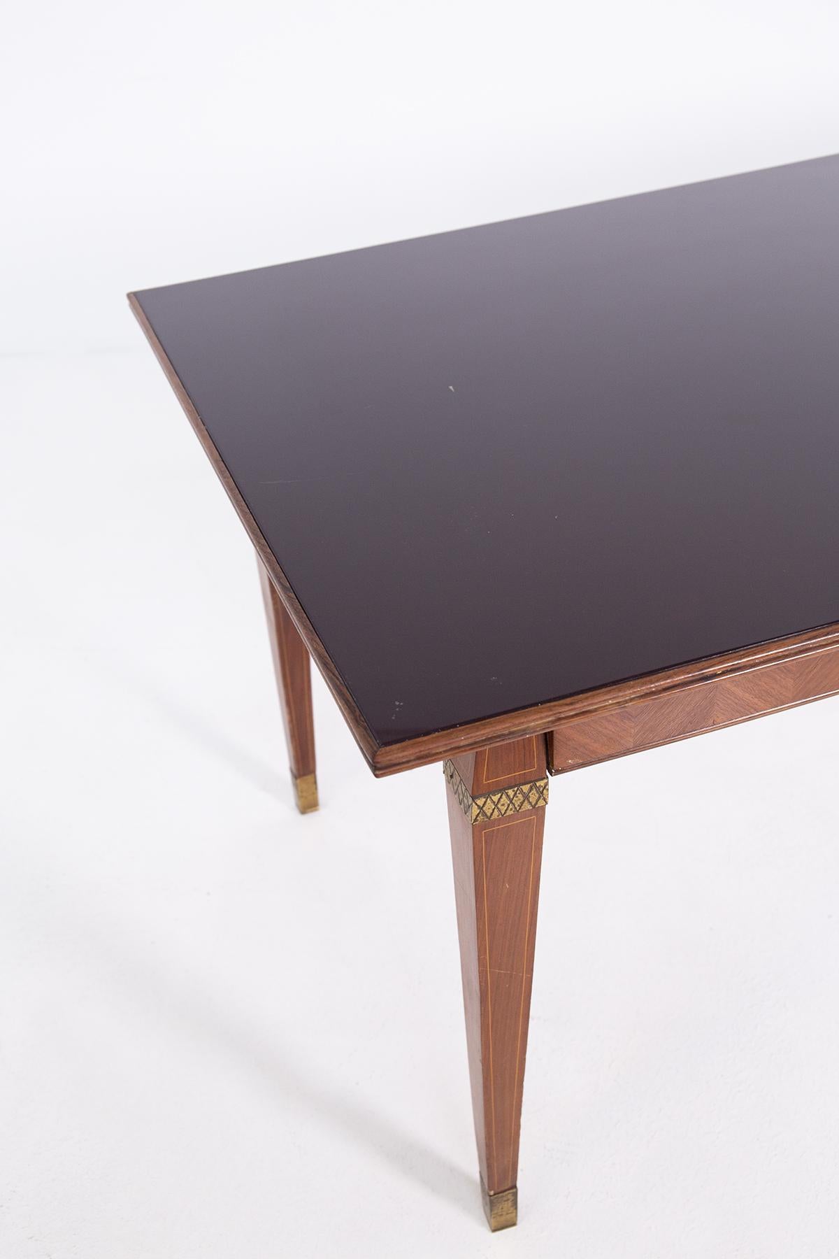 Italian Dining Table in the Style of Paolo Buffa in Wood, Brass and Smoked Glass For Sale 6