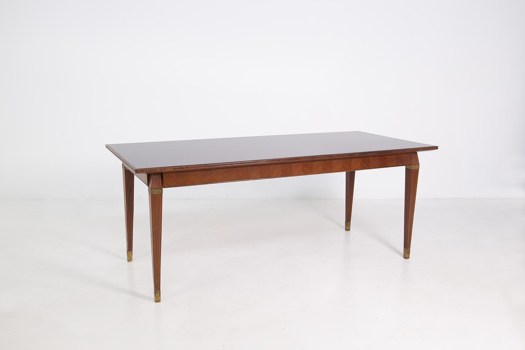 Mid-Century Modern Italian Dining Table in the Style of Paolo Buffa in Wood, Brass and Smoked Glass For Sale