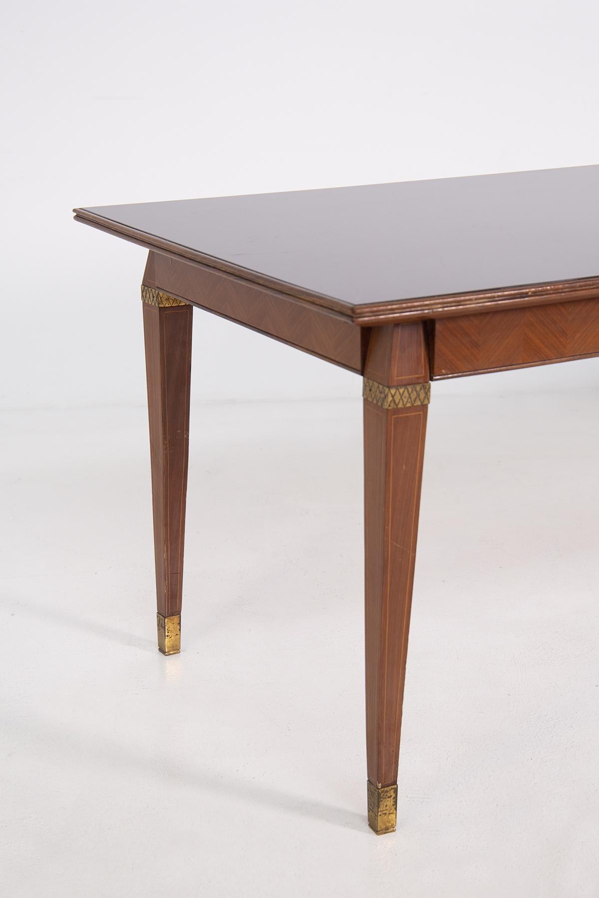 Mid-20th Century Italian Dining Table in the Style of Paolo Buffa in Wood, Brass and Smoked Glass For Sale