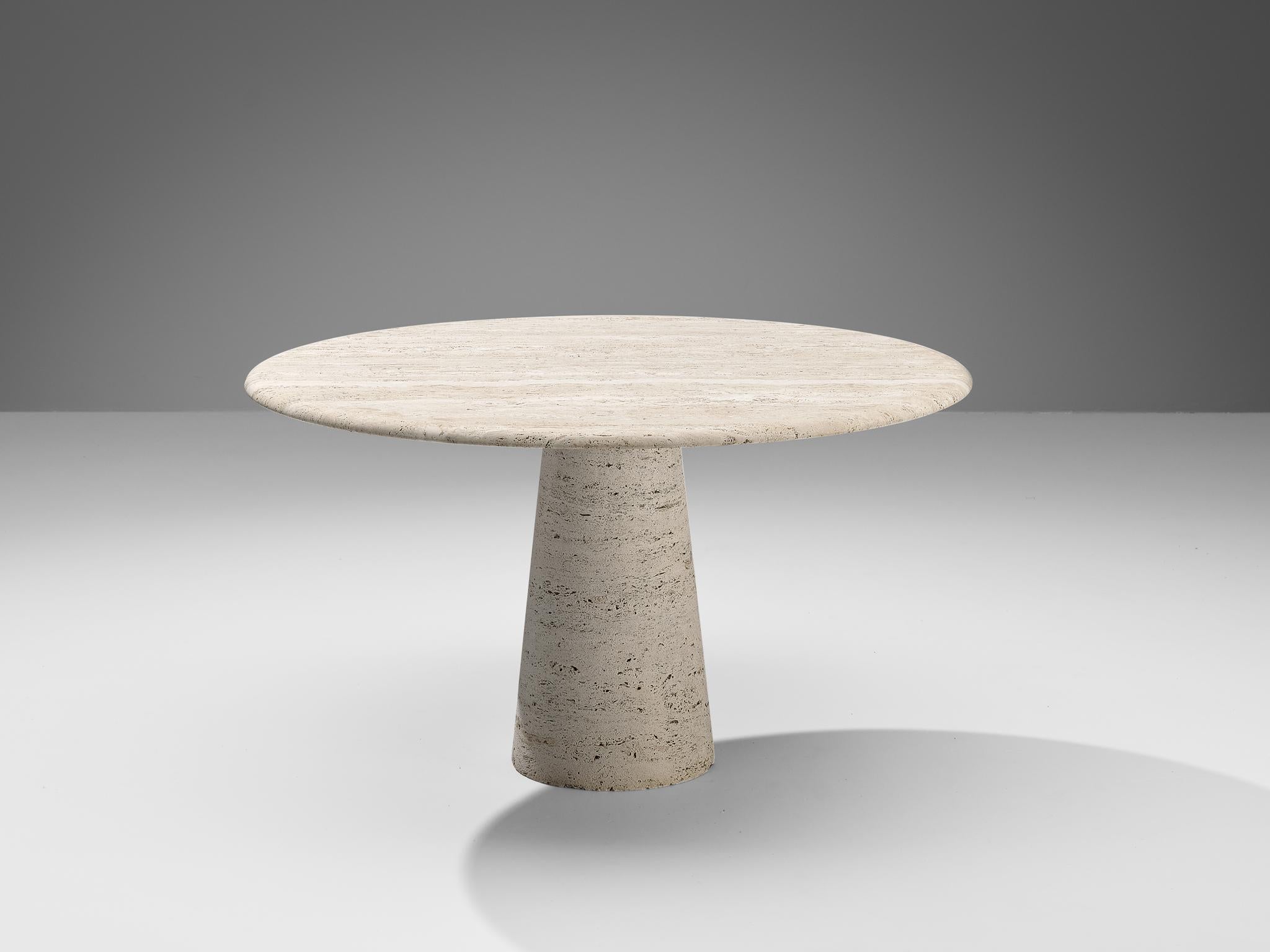 Dining table, travertine, Italy, 1970s.

This round table is a skilful example of postmodern design and a great classic for versatile use. A minimalistic table top is held by a sturdy, cone-shaped pedestal, both crafted from travertine. The design