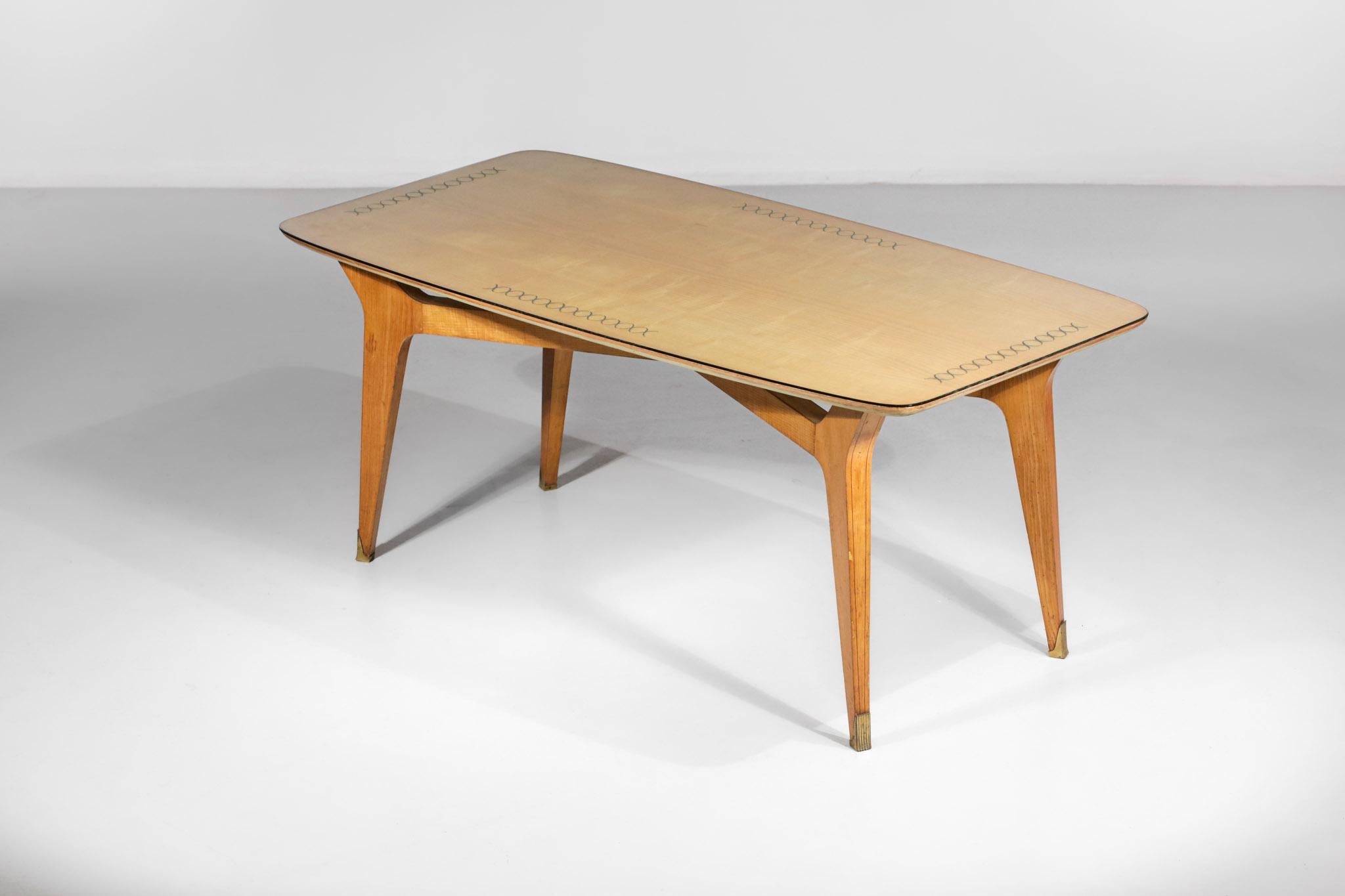 Mid-Century Modern Italian Dining Table Solid Beech and Engraved Glass 60's in Style of Gio Ponti For Sale
