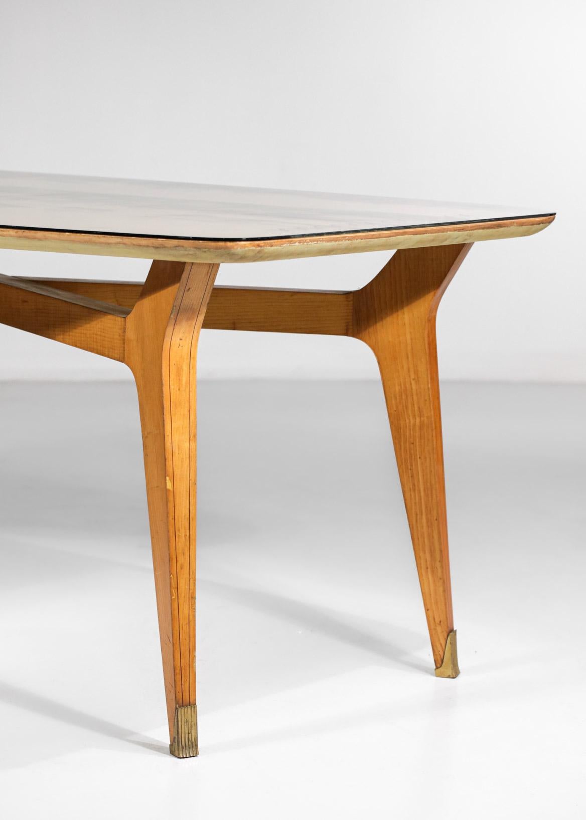 Mid-20th Century Italian Dining Table Solid Beech and Engraved Glass 60's in Style of Gio Ponti For Sale