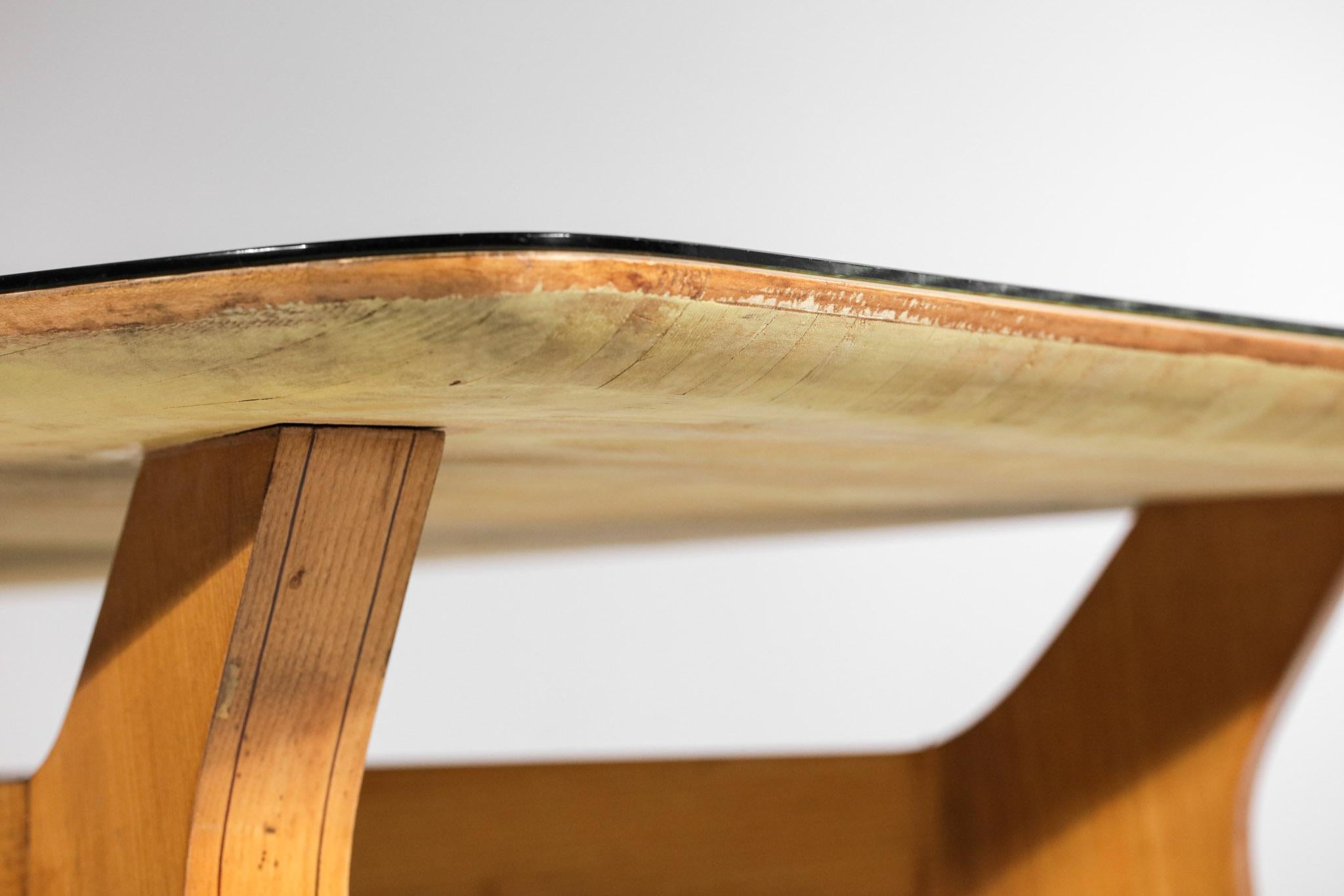Mid-20th Century Italian Dining Table Solid Beech and Engraved Glass 60's in Style of Gio Ponti For Sale