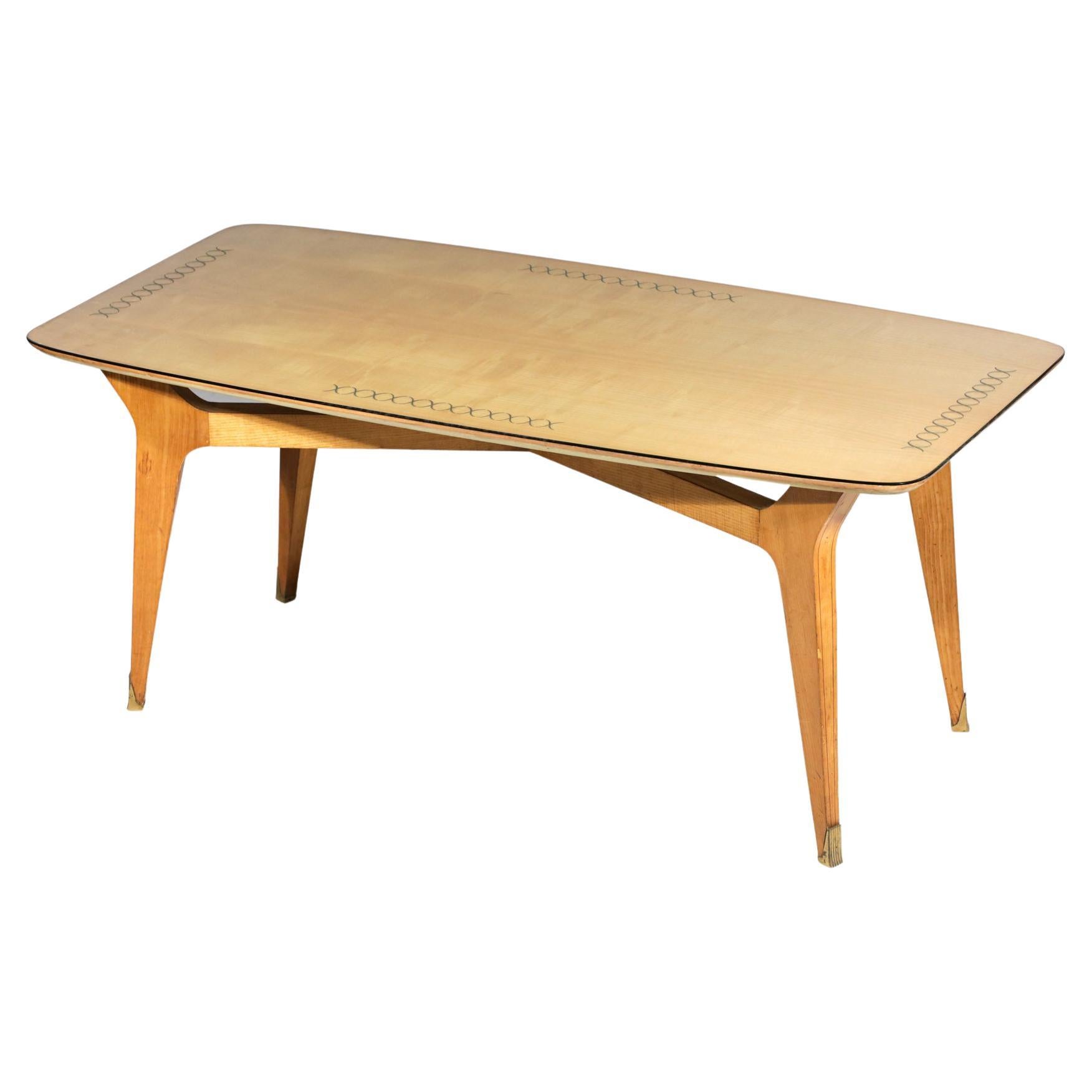 Italian Dining Table Solid Beech and Engraved Glass 60's in Style of Gio Ponti For Sale
