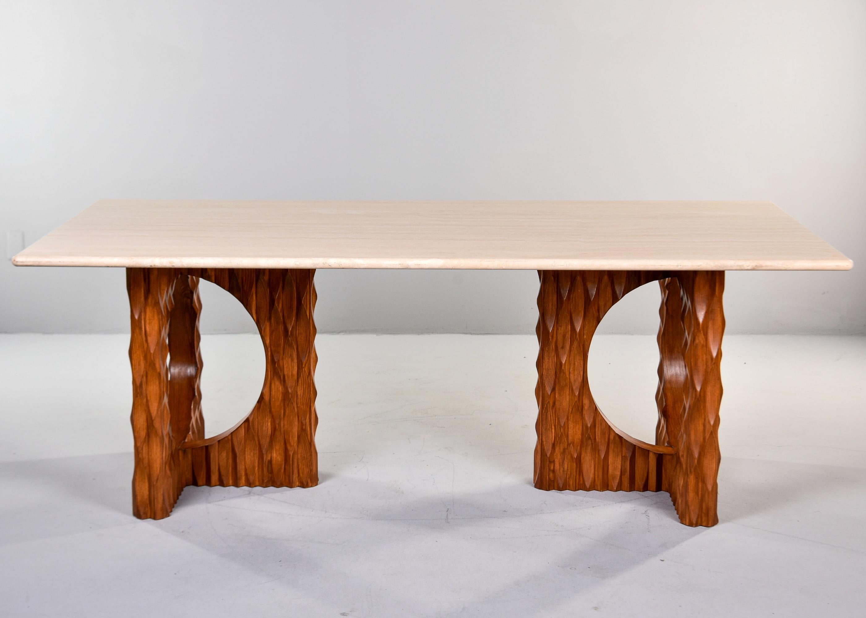 Italian Dining Table with Brutalist Style Carved Legs and Travertine Top In New Condition For Sale In Troy, MI