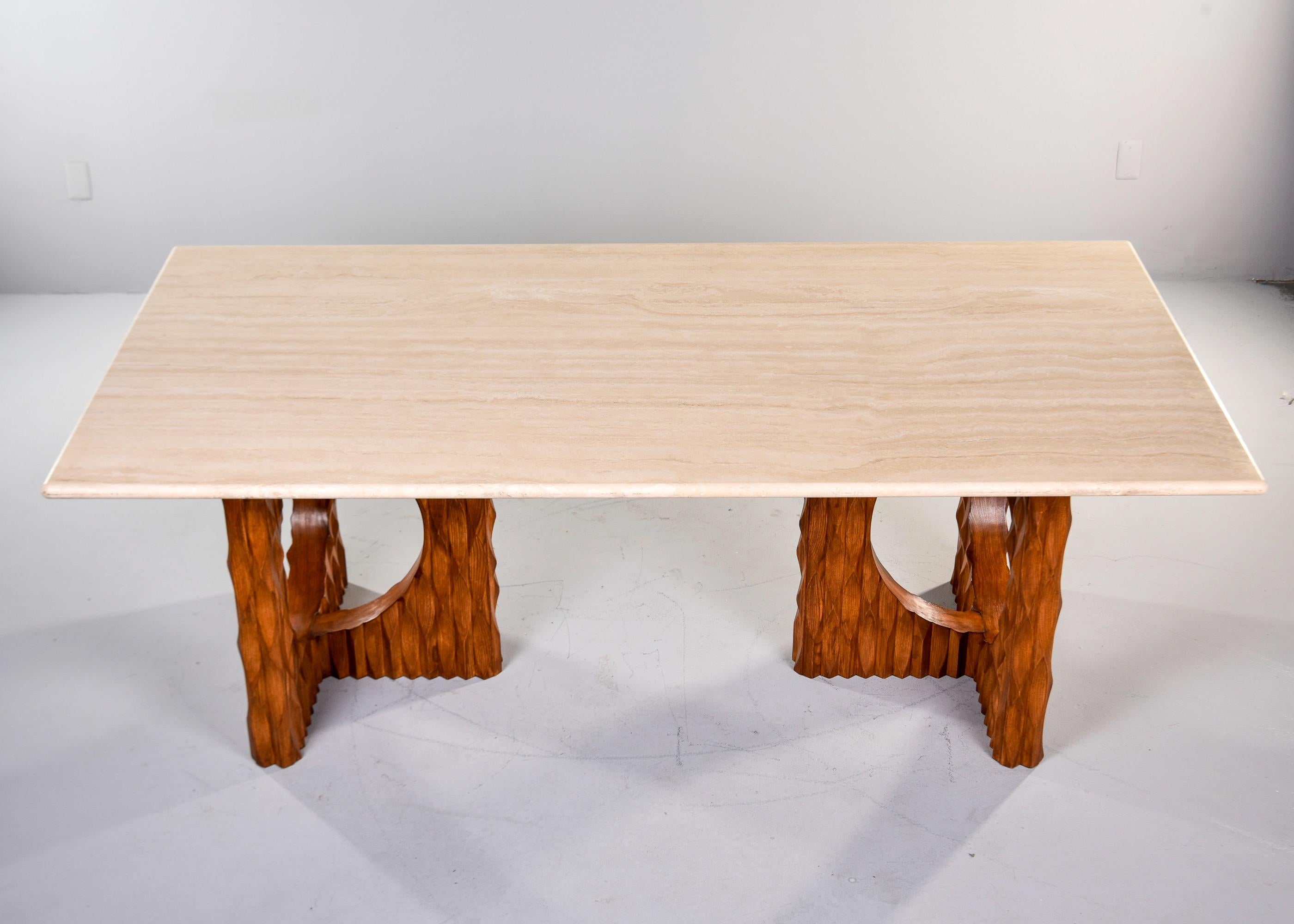 Contemporary Italian Dining Table with Brutalist Style Carved Legs and Travertine Top For Sale