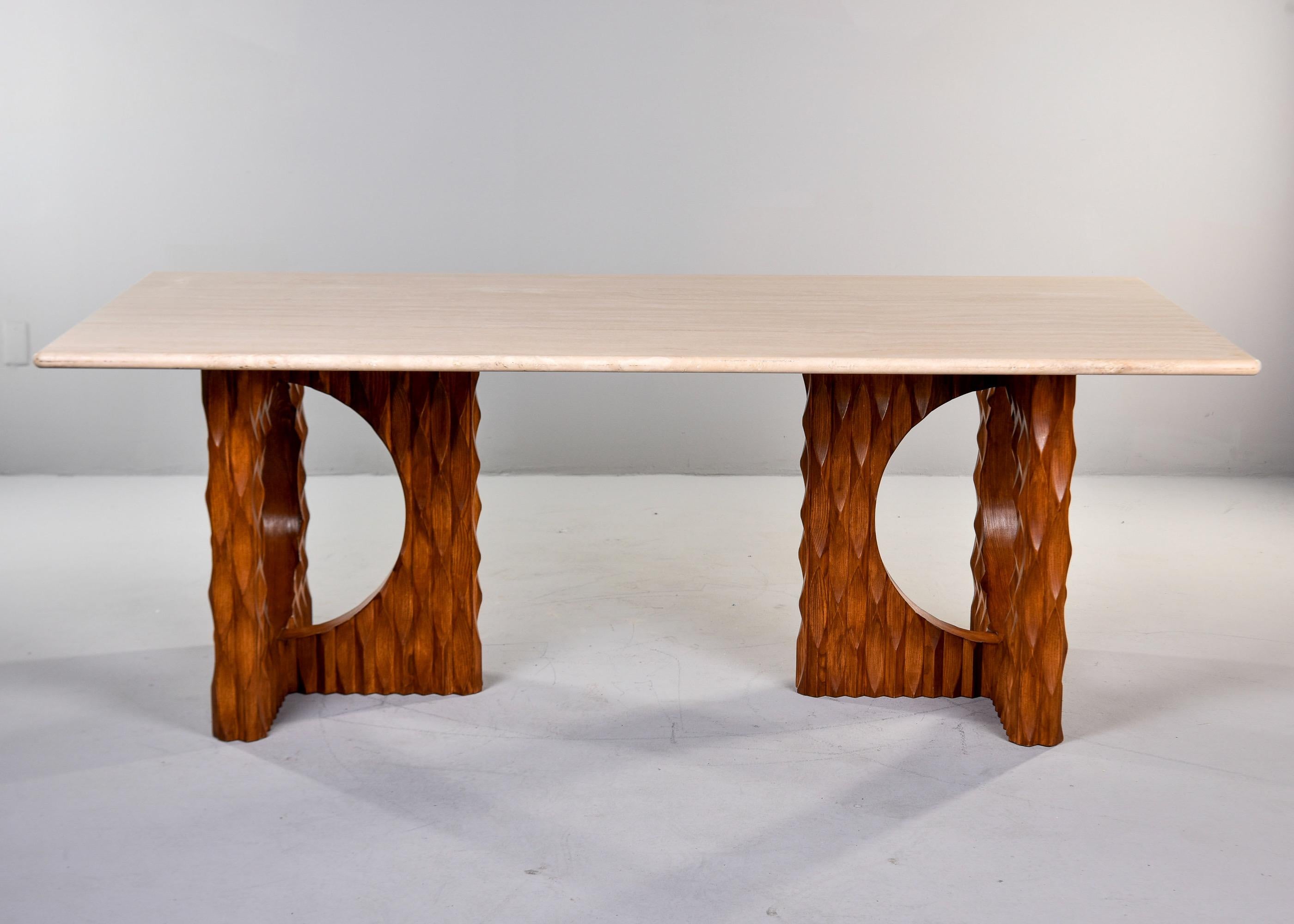 Italian Dining Table with Brutalist Style Carved Legs and Travertine Top For Sale 1