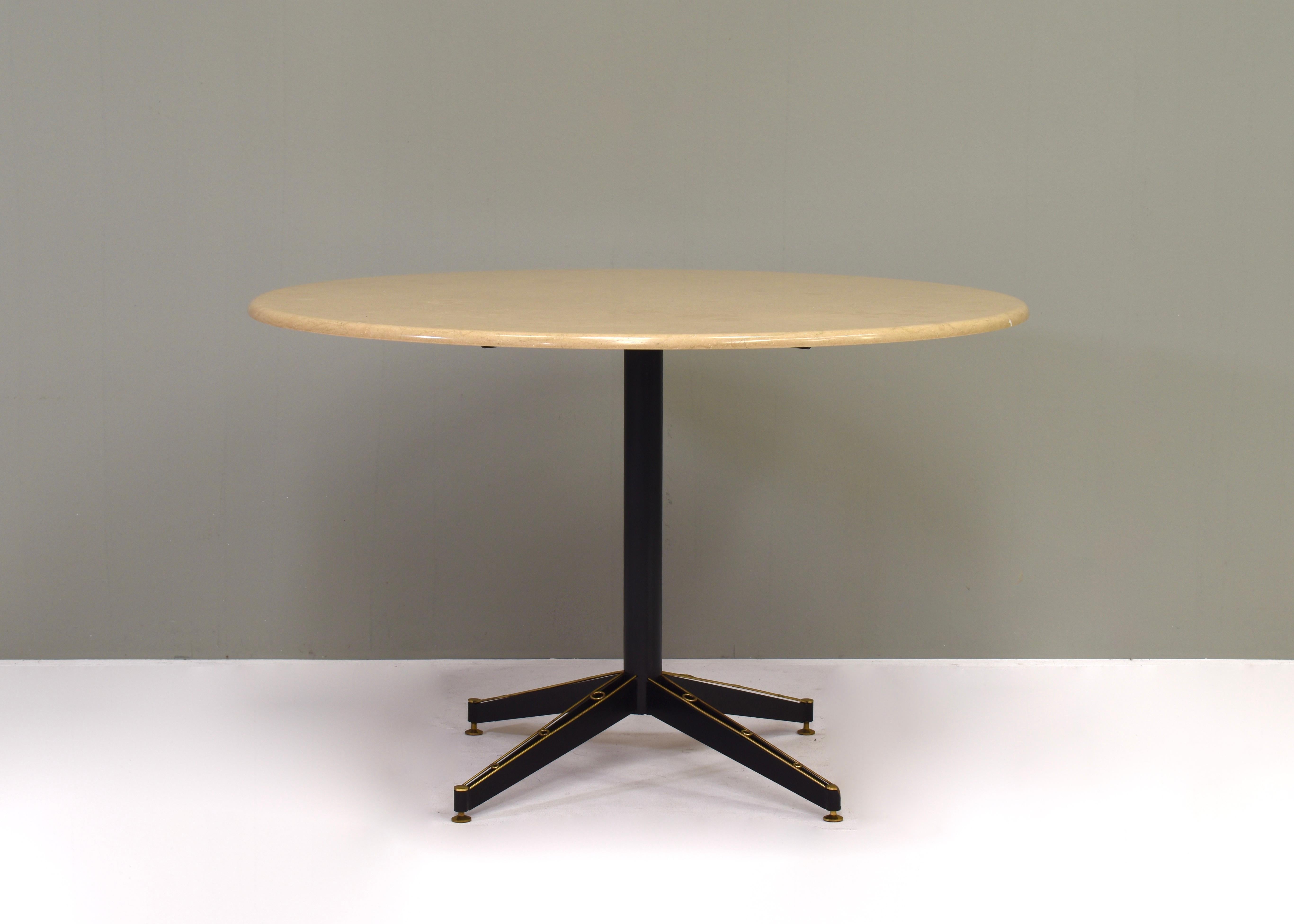 Italian dining table with marble top, metal base and amazing hand crafted brass details – Italy, circa 1950.
In very good condition.
Designer: Unknown
Manufacturer: Unknown
Country: Italy
Model: round dining table
Design period: circa 1950
Date of