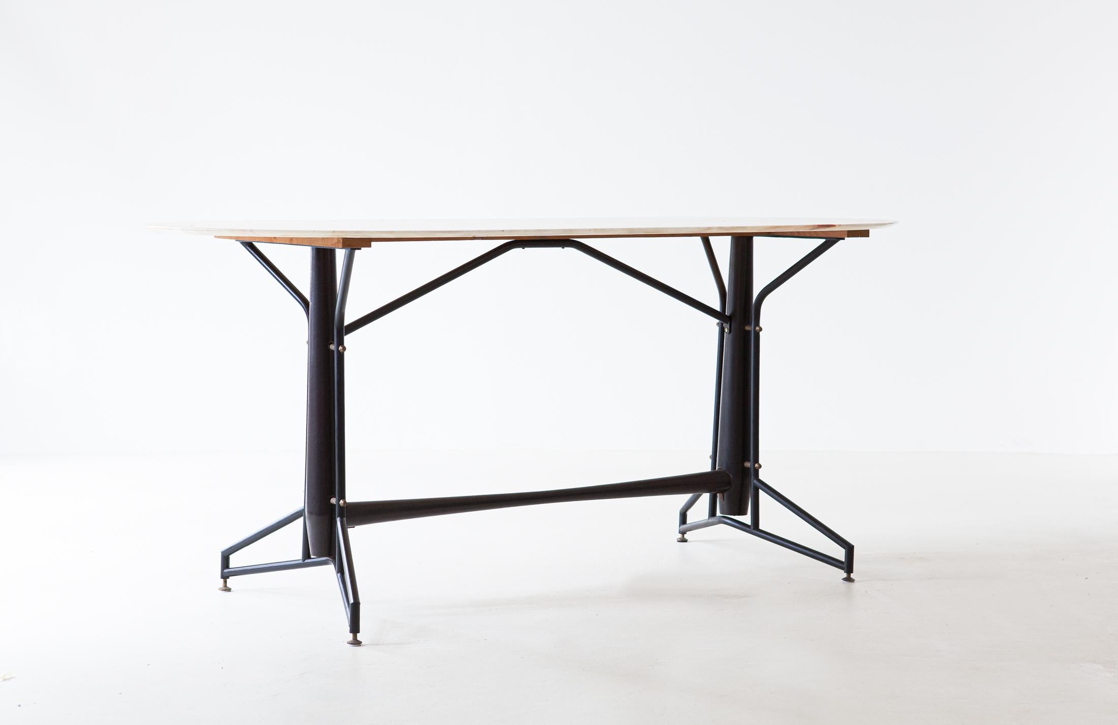 Italian Dining Table with Marble Top and Iron and Wood Frame, 1950s In Good Condition In Rome, IT