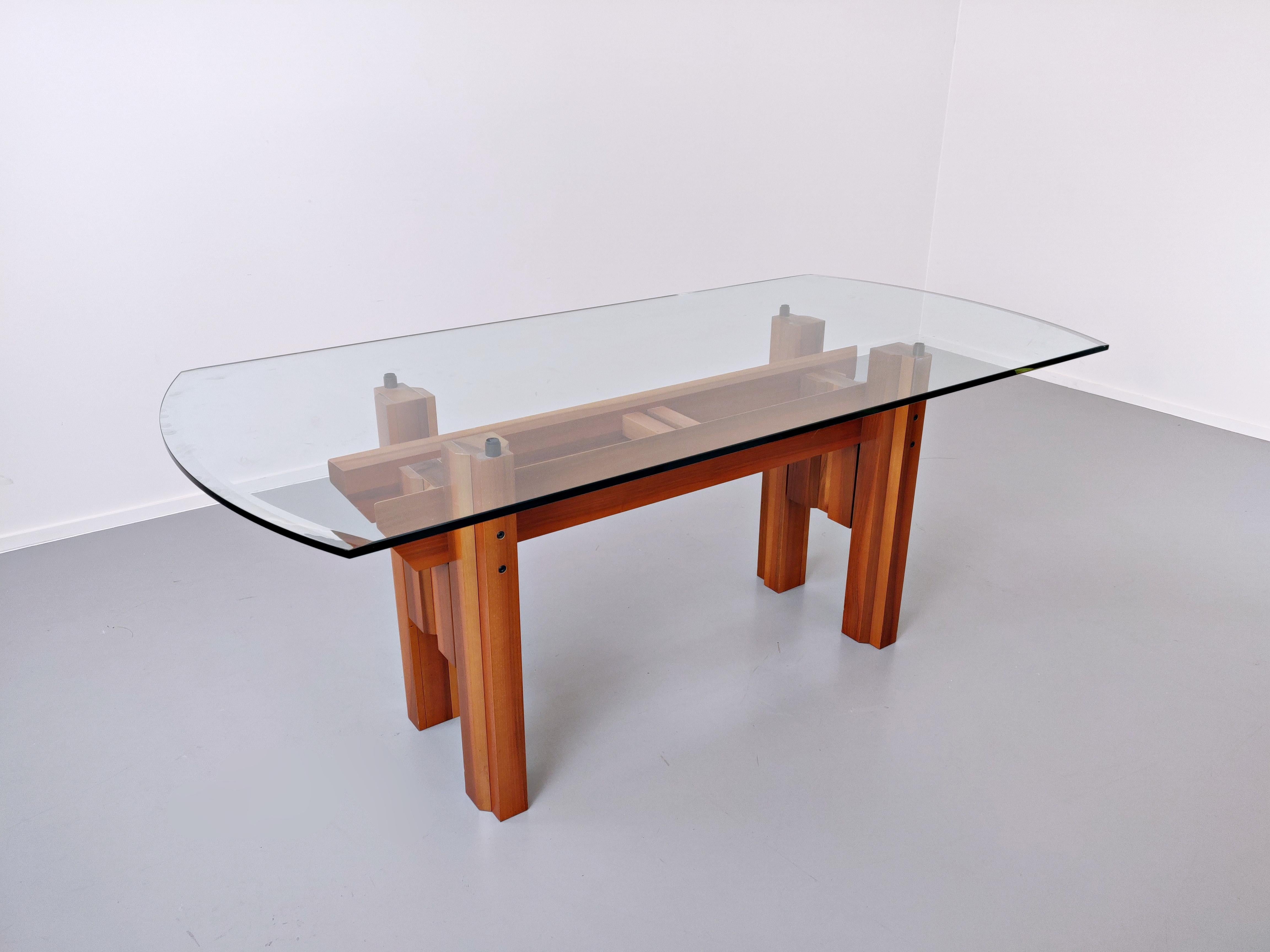 Mid-Century Modern Italian Dining Table, Wood And Glass Top By Franco Poli For Bernini C. 1979 For Sale