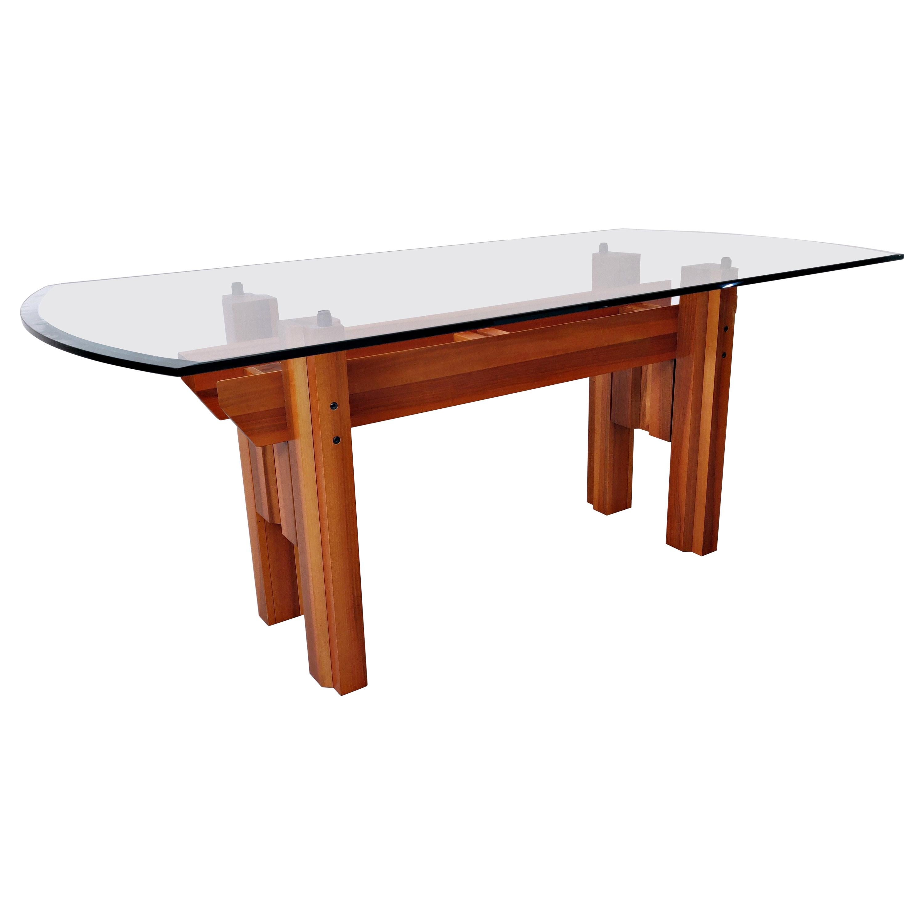 Italian Dining Table, Wood And Glass Top By Franco Poli For Bernini C. 1979 For Sale