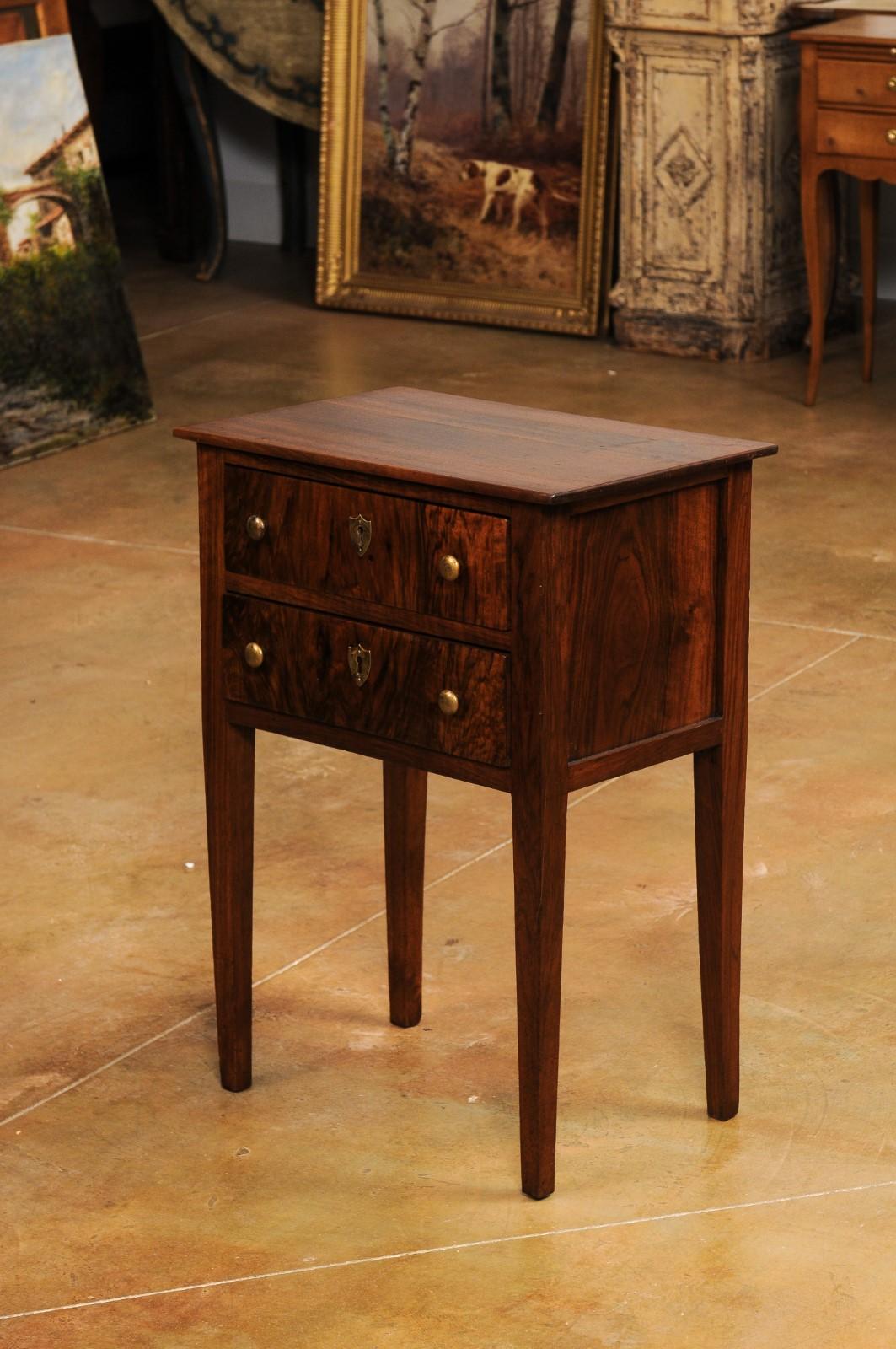Italian Directoire 19th Century Walnut Bedside Table with Two Veneered Drawers For Sale 8