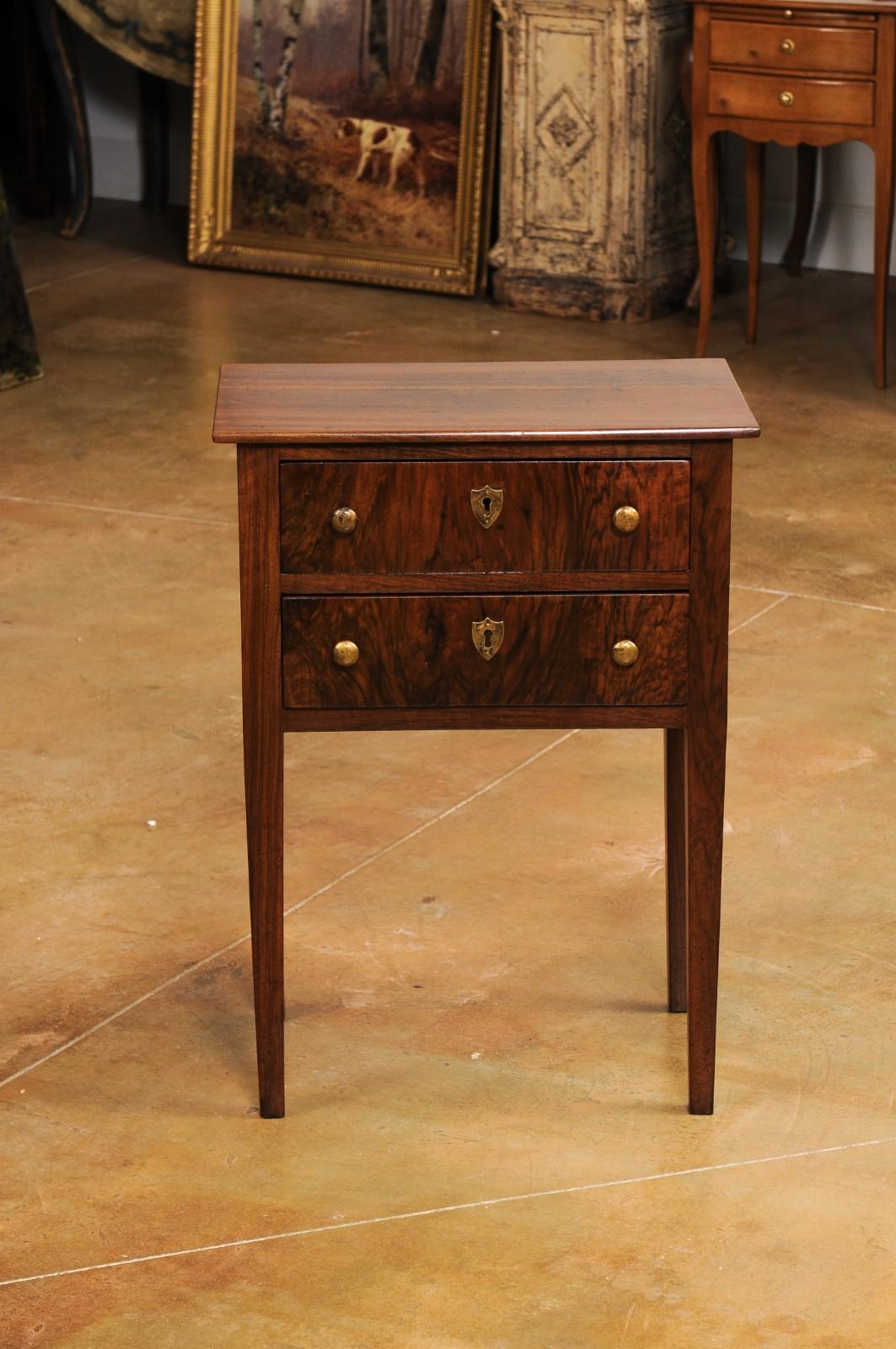 Italian Directoire 19th Century Walnut Bedside Table with Two Veneered Drawers For Sale 9