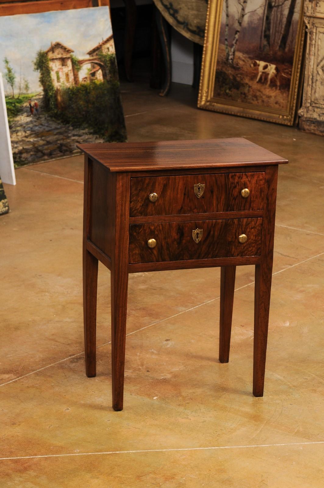 Italian Directoire 19th Century Walnut Bedside Table with Two Veneered Drawers In Good Condition In Atlanta, GA