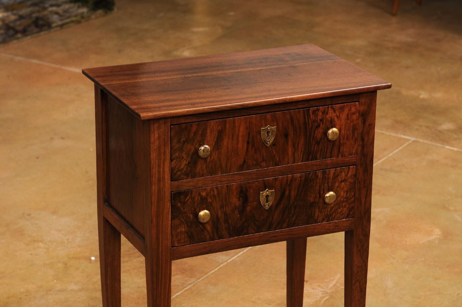 Brass Italian Directoire 19th Century Walnut Bedside Table with Two Veneered Drawers