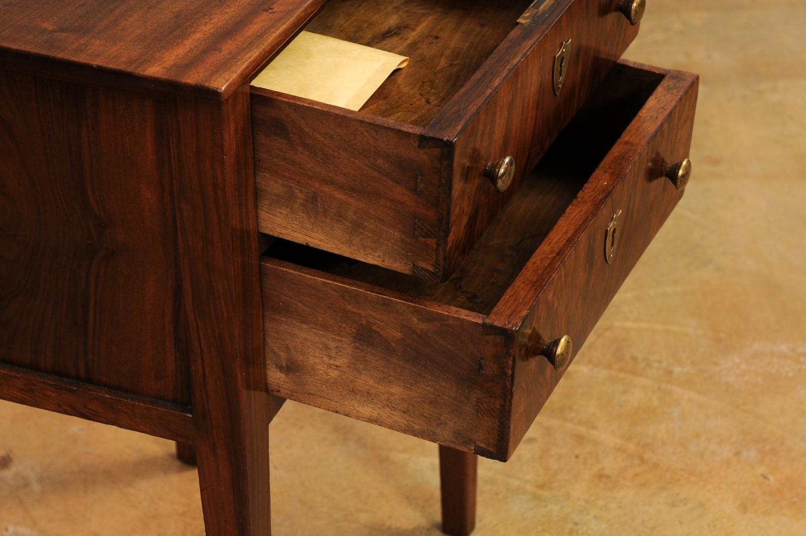 Italian Directoire 19th Century Walnut Bedside Table with Two Veneered Drawers For Sale 2
