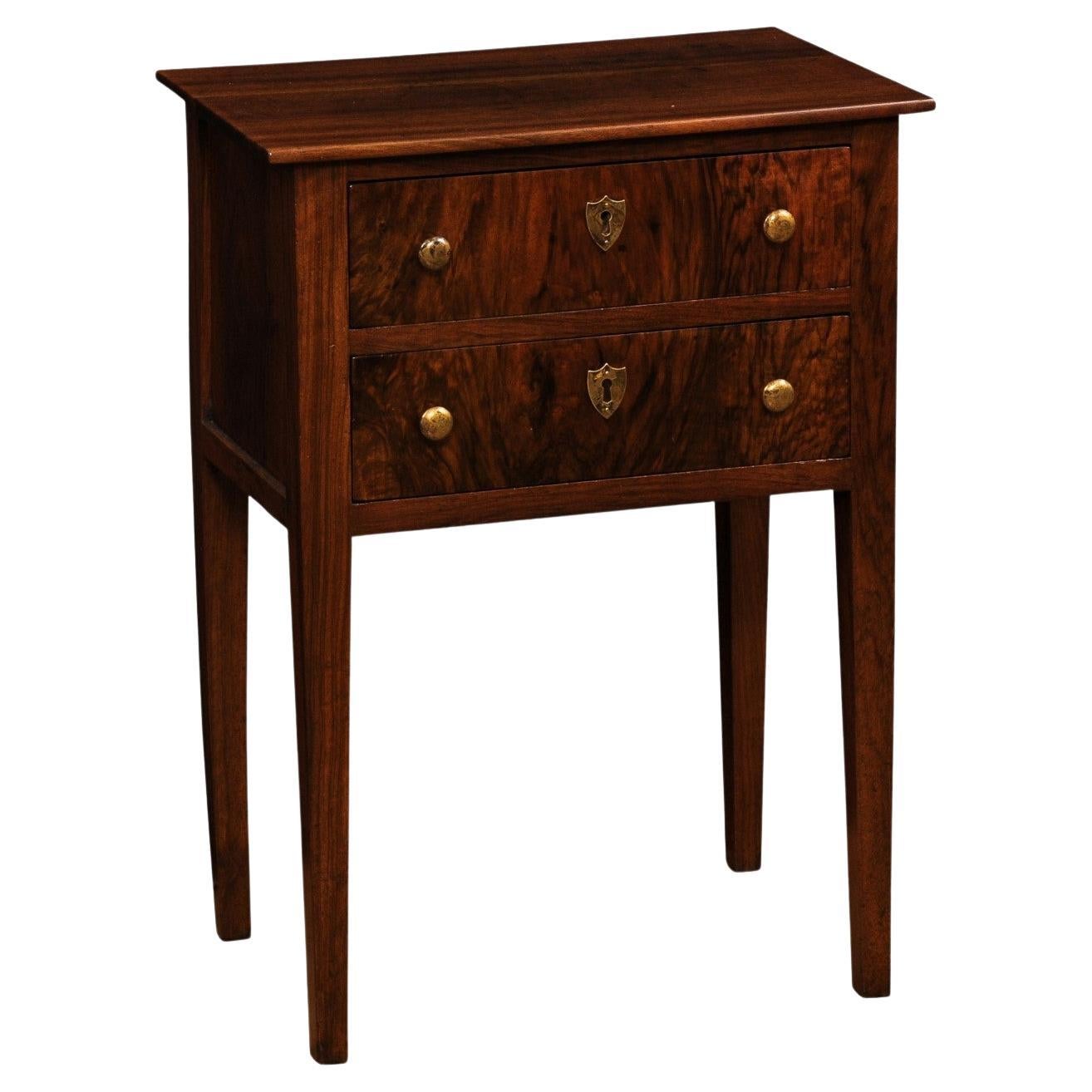 Italian Directoire 19th Century Walnut Bedside Table with Two Veneered Drawers For Sale