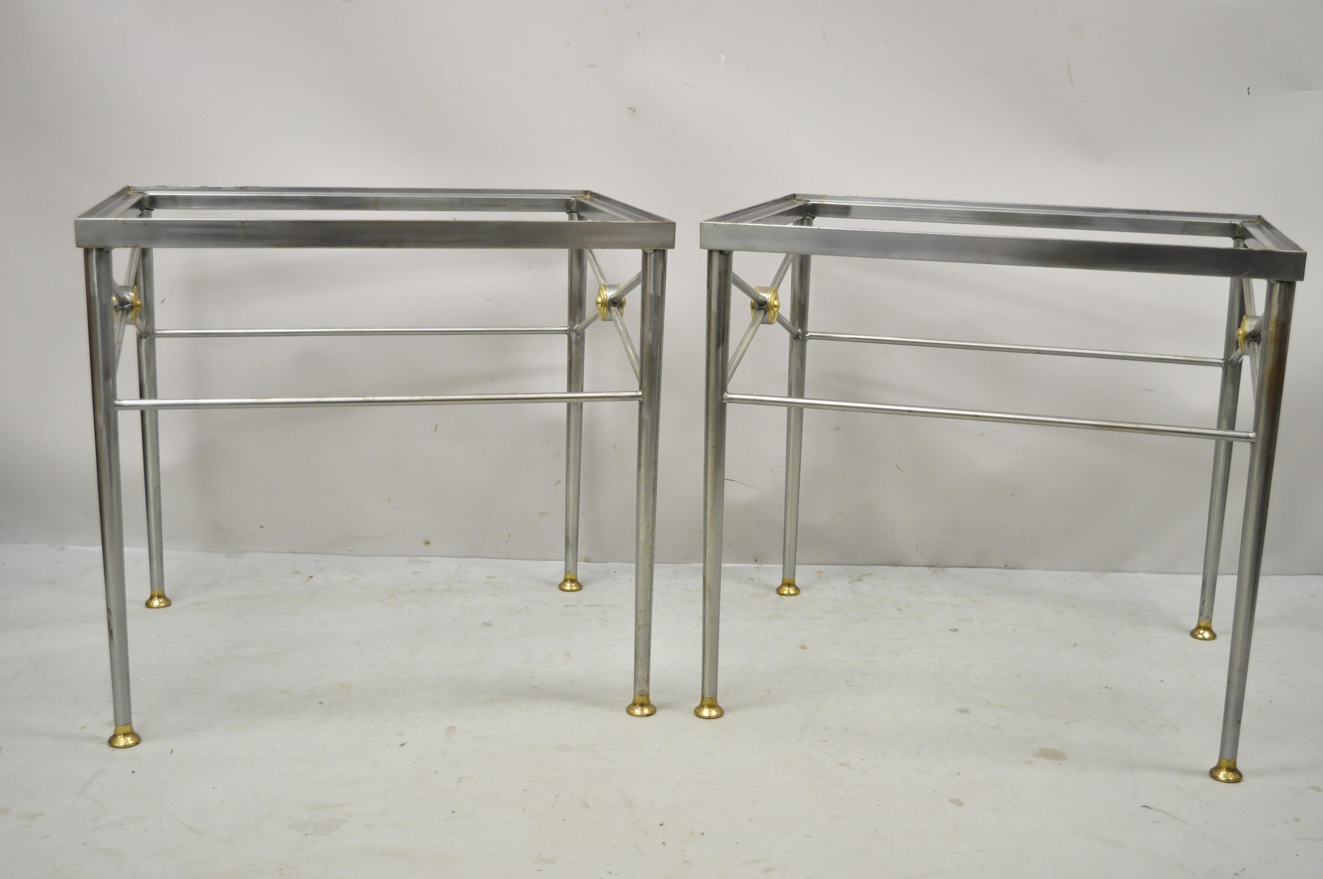 Italian Directoire Maison Jansen Style Brushed Steel & Brass End Tables, a Pair For Sale 5