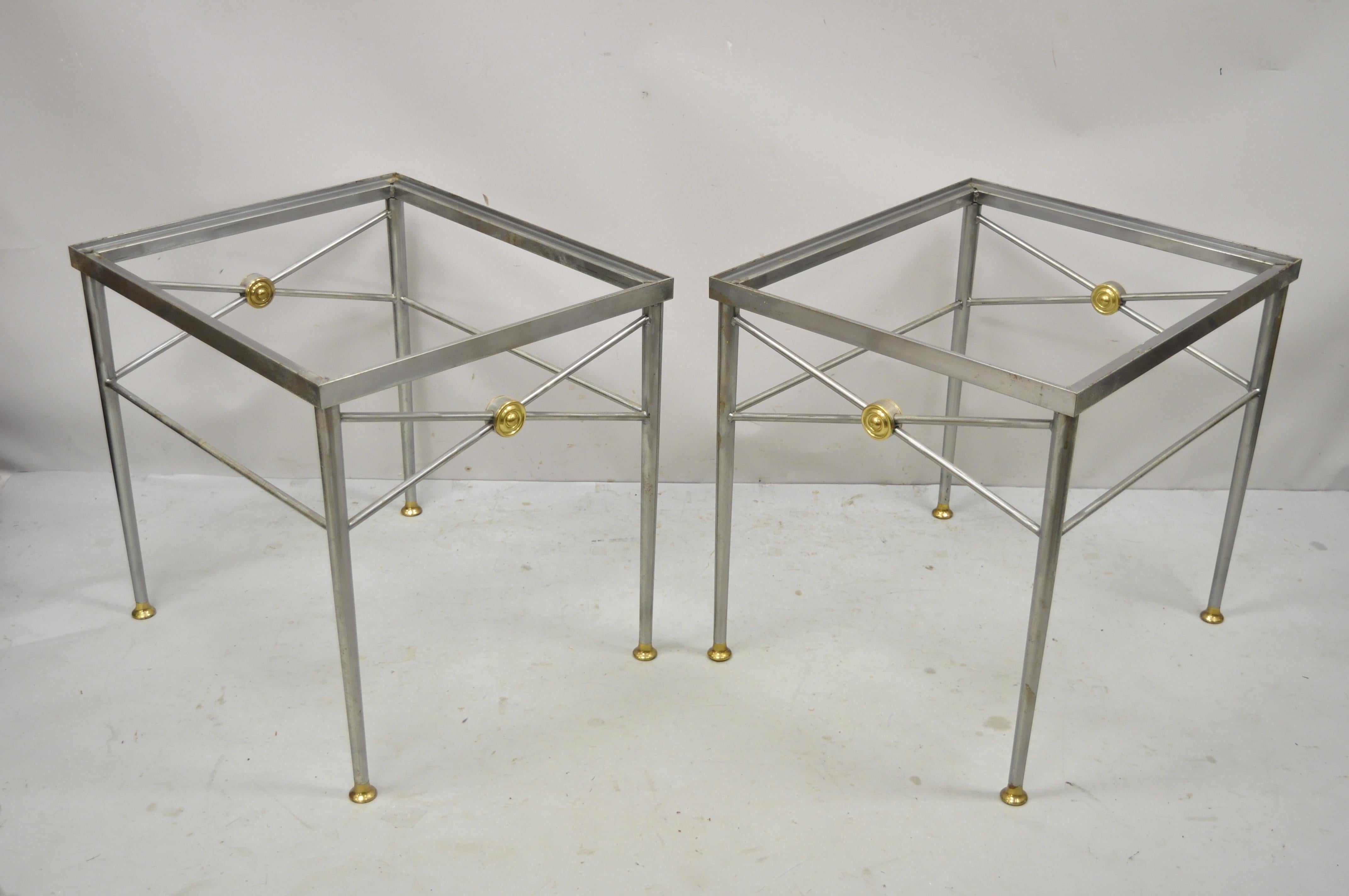 Italian Directoire Maison Jansen Style Brushed Steel & Brass End Tables, a Pair For Sale 7