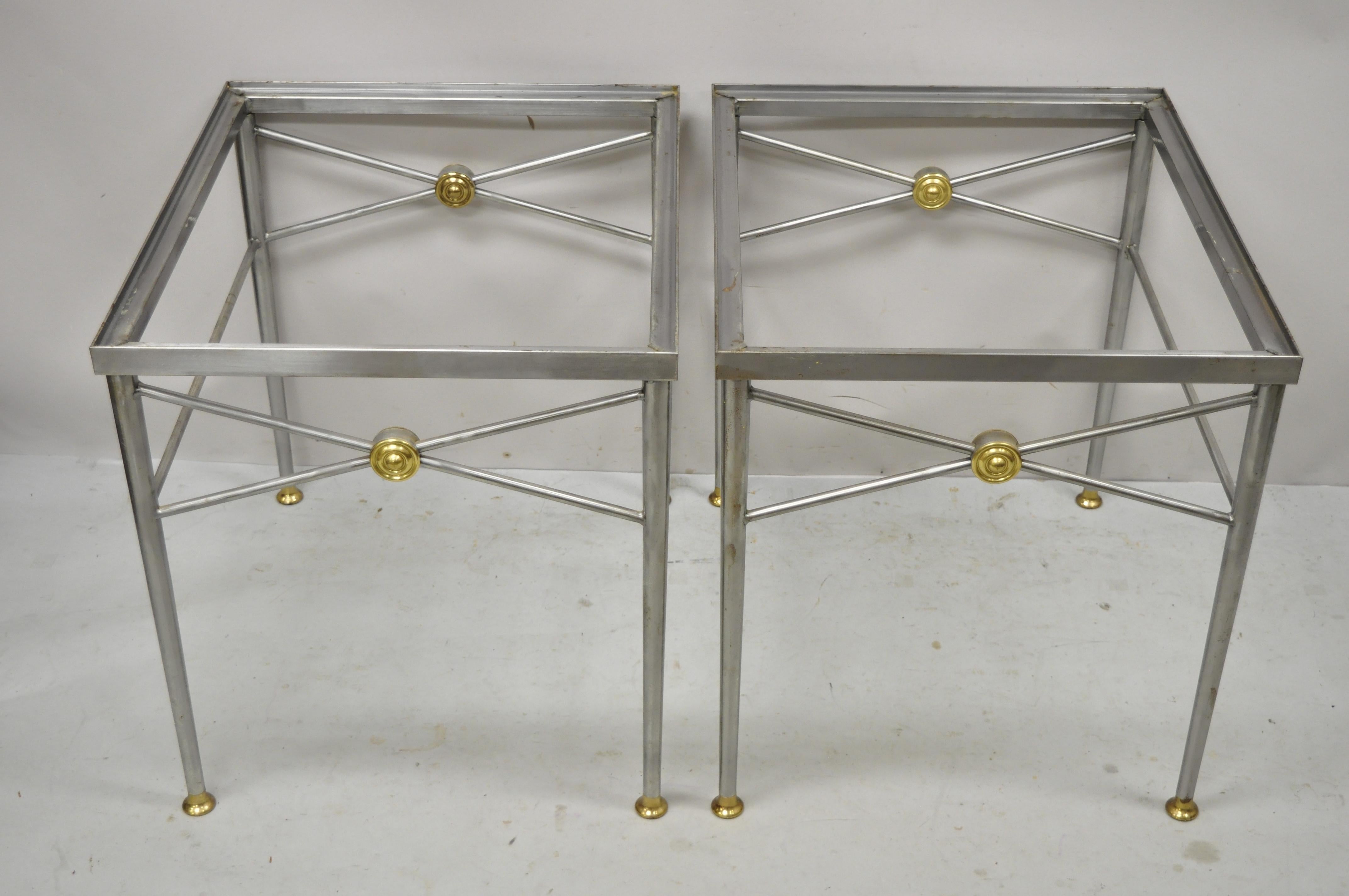 Italian Directoire Maison Jansen style brushed steel & brass end tables - a pair. Item features brushed steel metal frames, brass accents, intentional 
