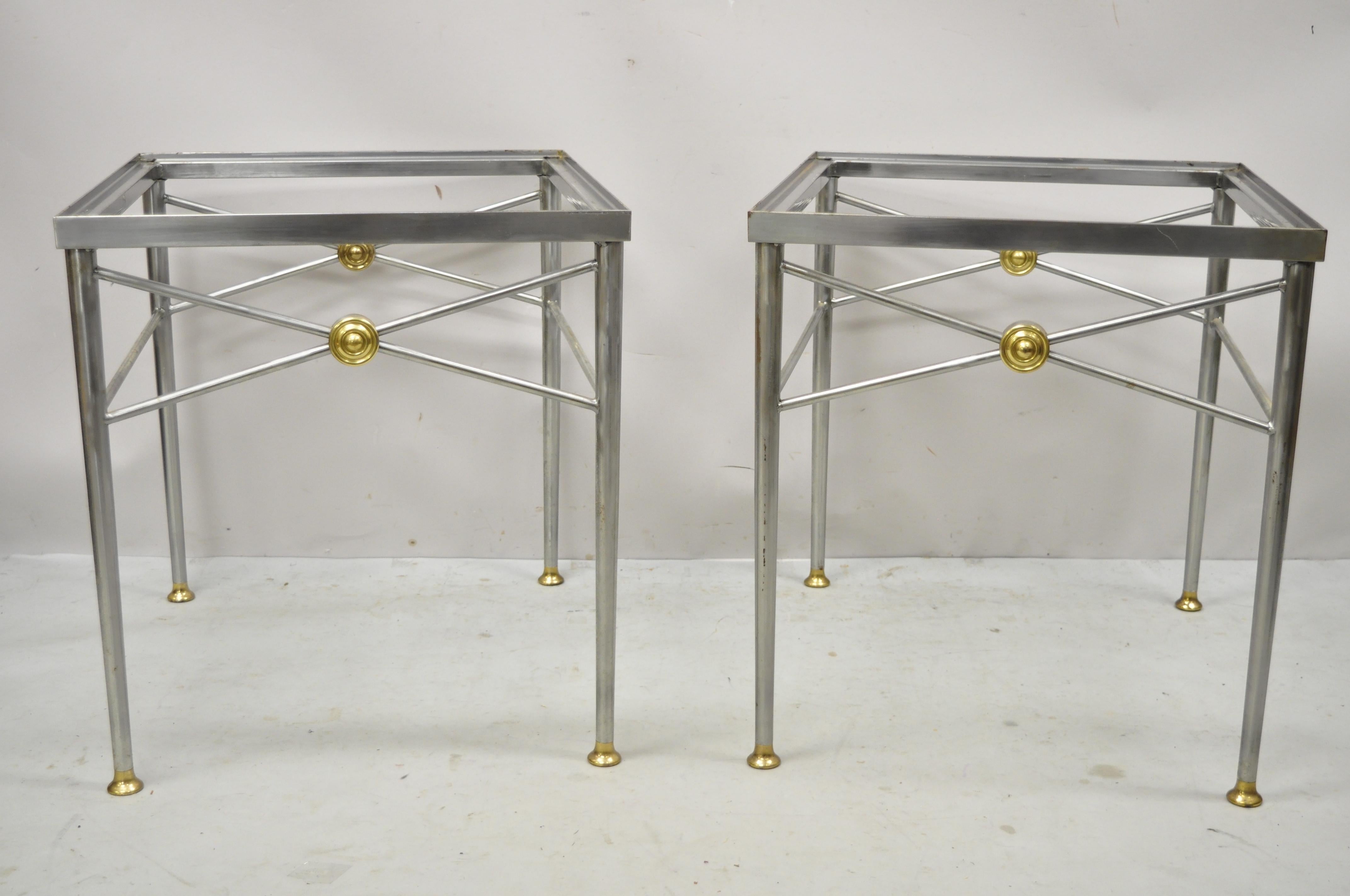 Regency Italian Directoire Maison Jansen Style Brushed Steel & Brass End Tables, a Pair For Sale