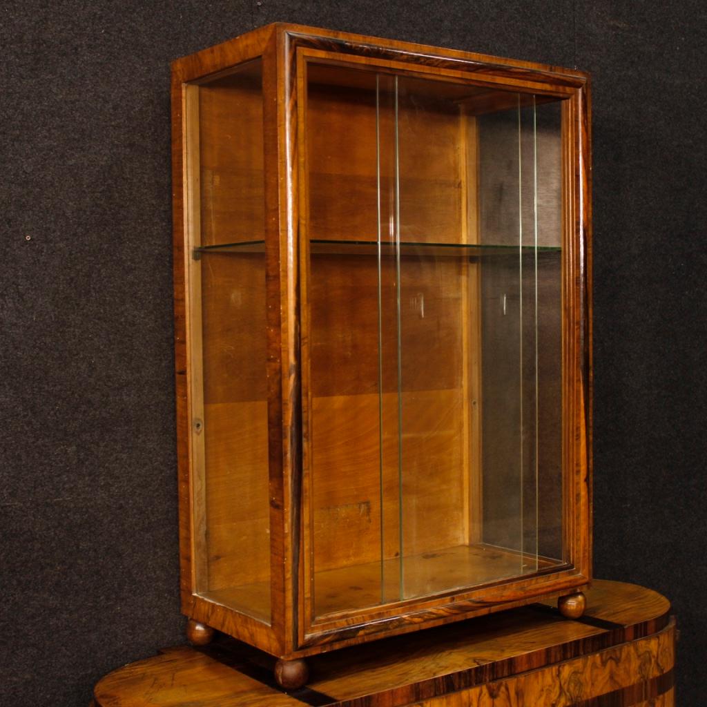 Walnut Italian Display Cabinet in Inlaid Wood in Art Deco Style from 20th Century