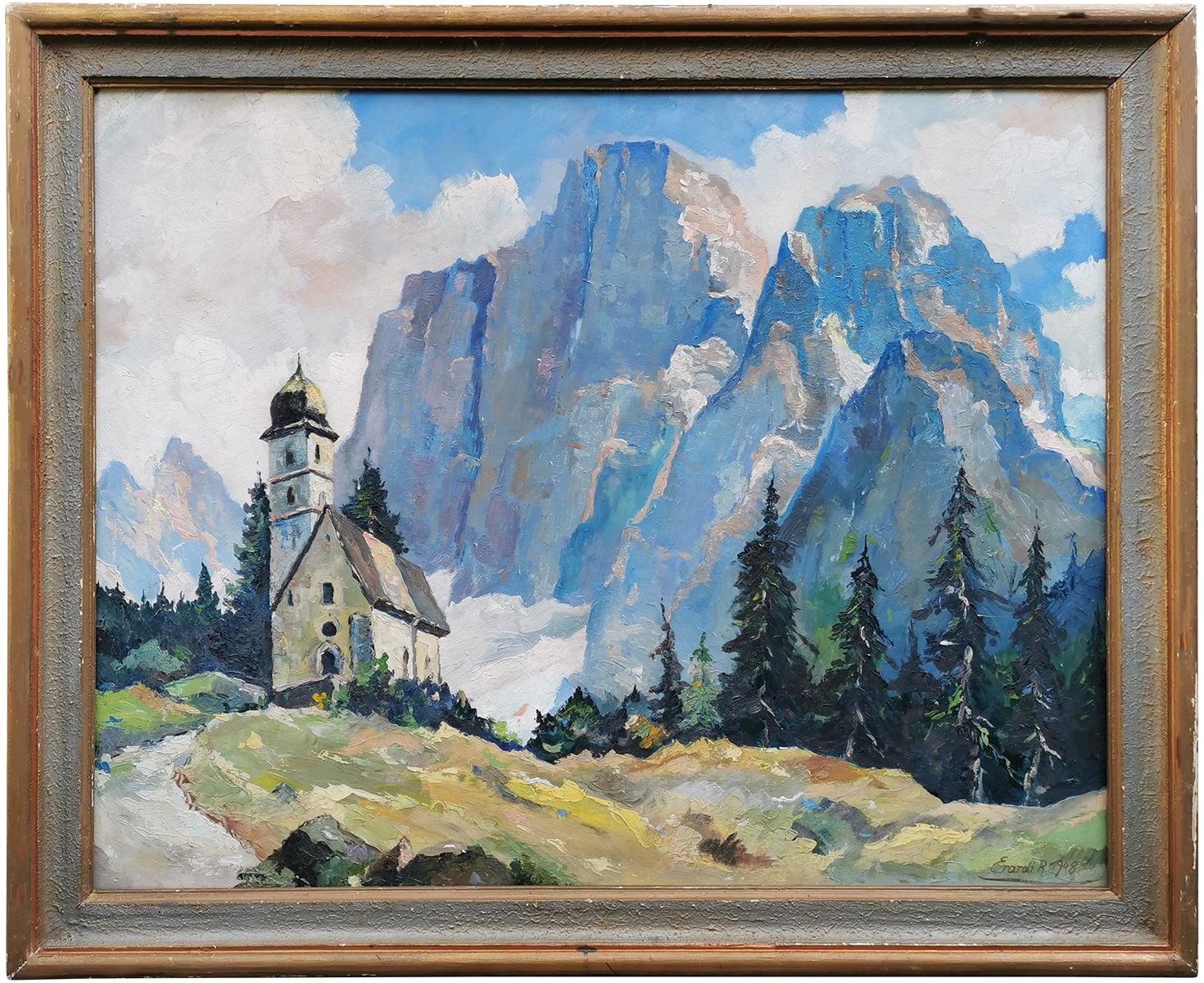 The Monte Pelmo, one of the most famous mountains in the heart of the Dolomites (heritage of the Unesco), and the church of Santa Fosca, in Selva di Cadore.
Erardi paints 