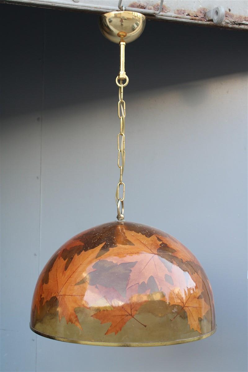 Italian Dome Chandelier in Resin with Plane Leaves Design 1970 Brass For Sale 15