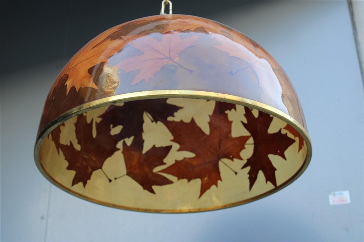 Italian Dome Chandelier in Resin with Plane Leaves Design 1970 Brass For Sale 1