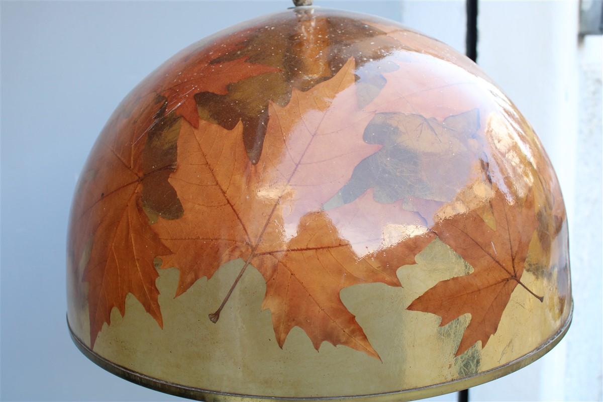 Italian Dome Chandelier in Resin with Plane Leaves Design 1970 Brass For Sale 5