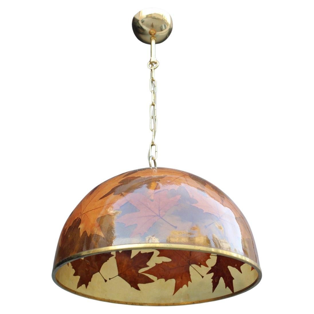 Italian Dome Chandelier in Resin with Plane Leaves Design 1970 Brass For Sale