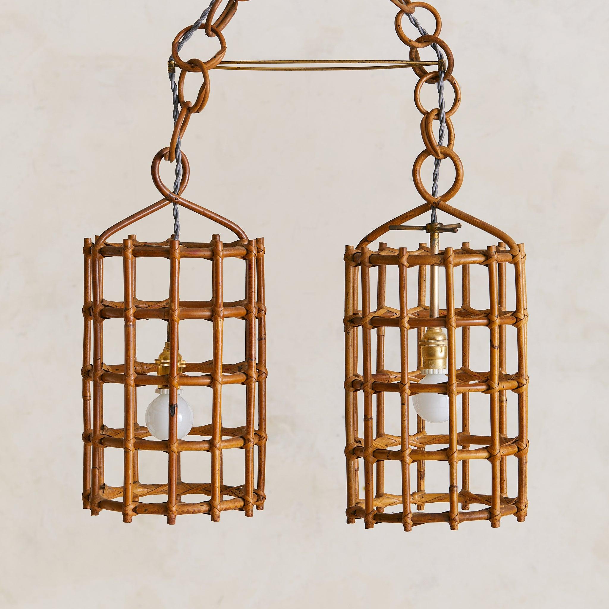 Organique Italian Double Bamboo Lantern Pendant, 1960s en vente