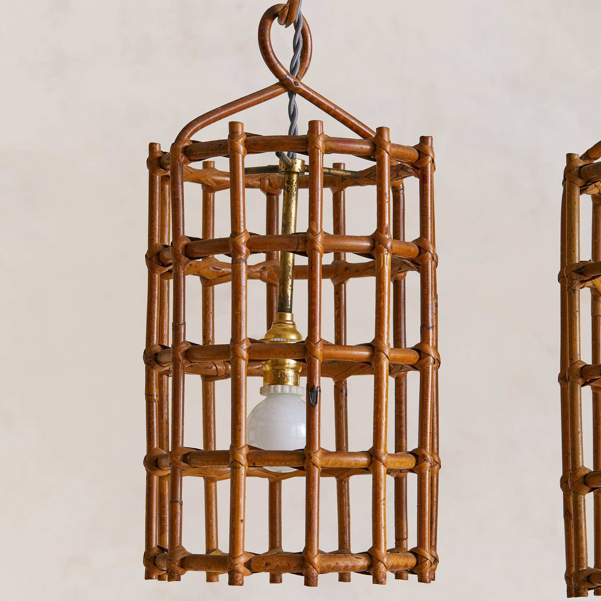 italien Italian Double Bamboo Lantern Pendant, 1960s en vente
