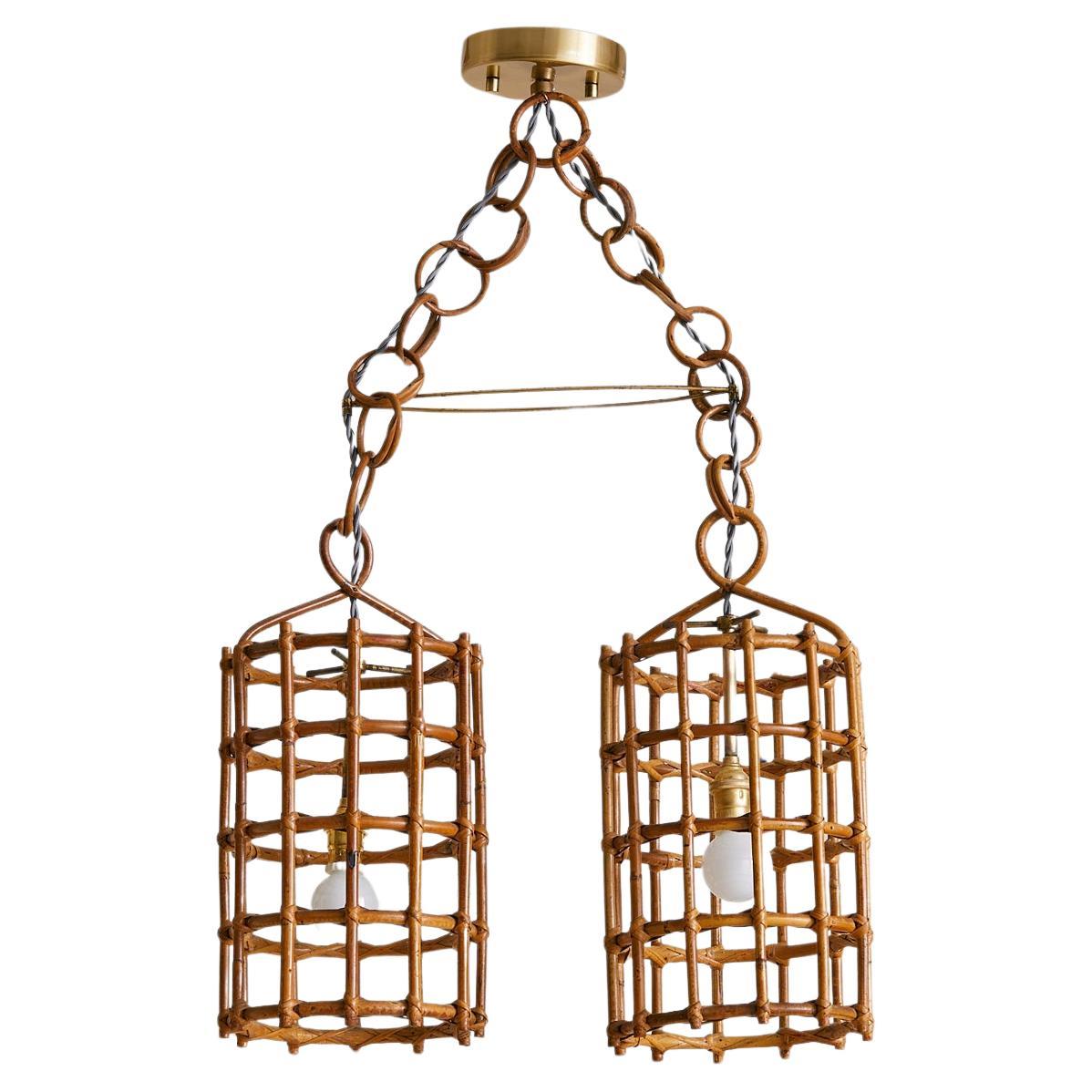 Italian Double Bamboo Lantern Pendant, 1960s