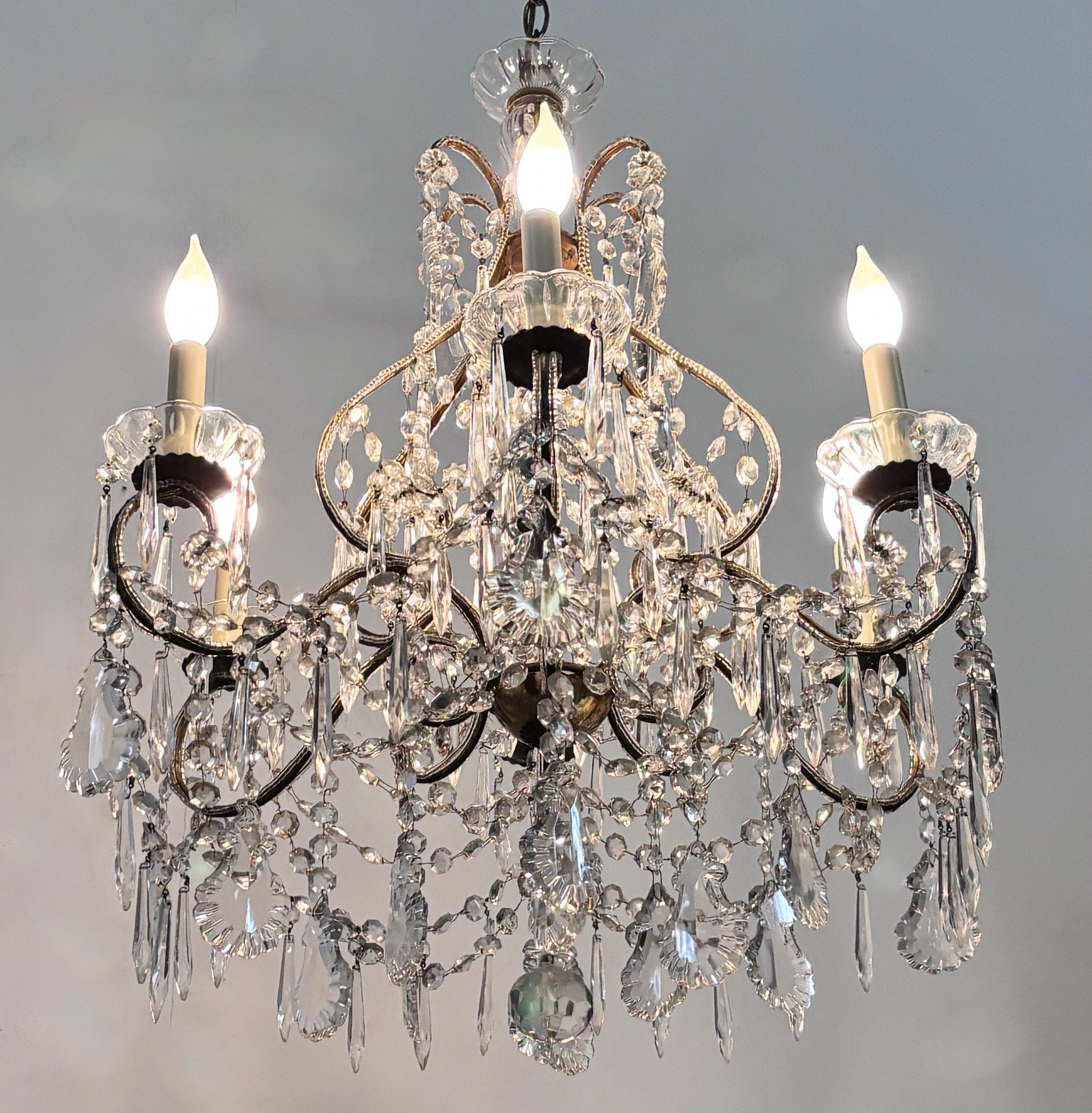 Lustre italien à double perle en verre et cristal Bon état - En vente à San Francisco, CA