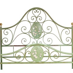 Italian Double Bed Painted Antiqued Green and Hand-Decorated Iron, Golden Parts