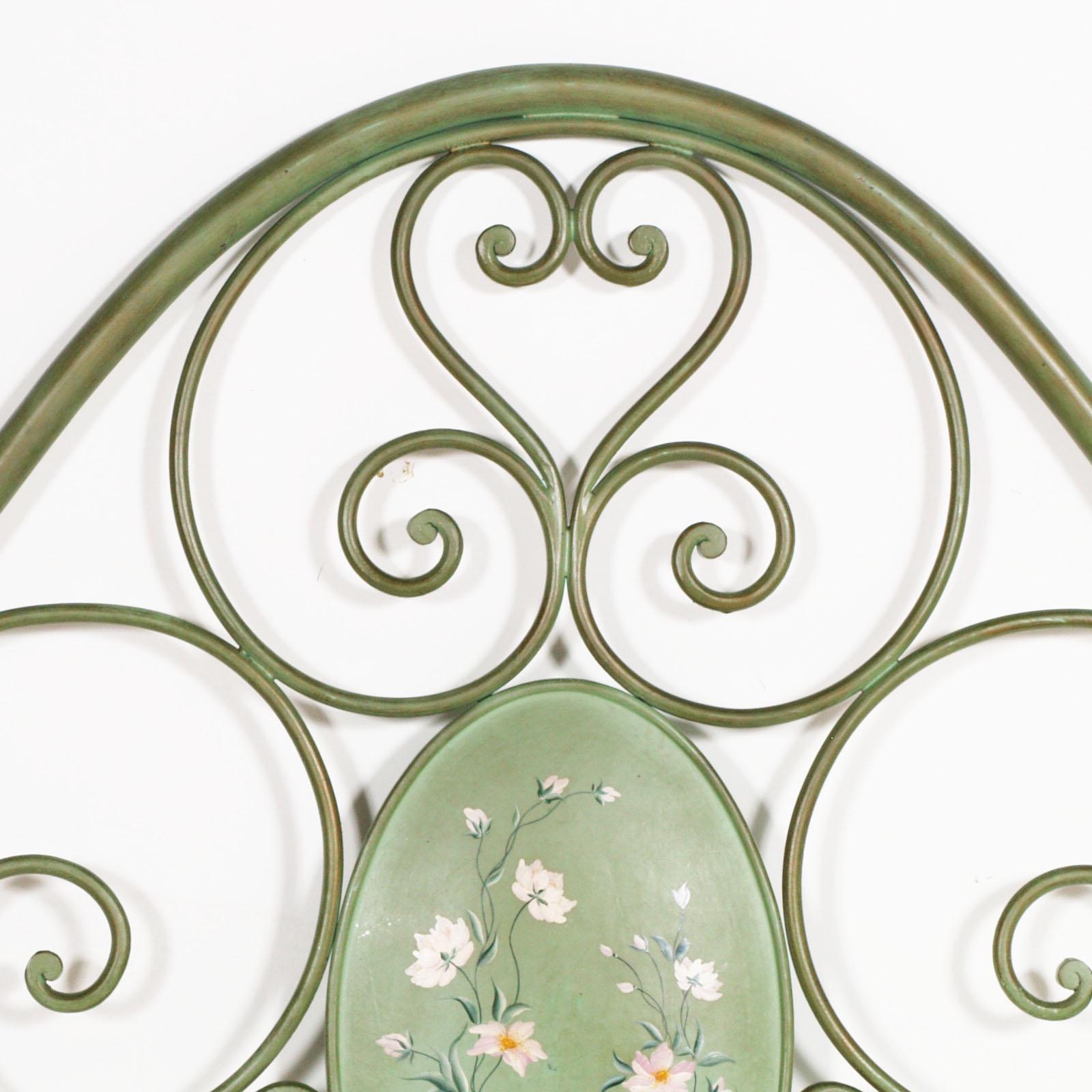 Art Nouveau Italian Double Bed Painted Antiqued Green and Hand-Decorated Iron, Golden Parts