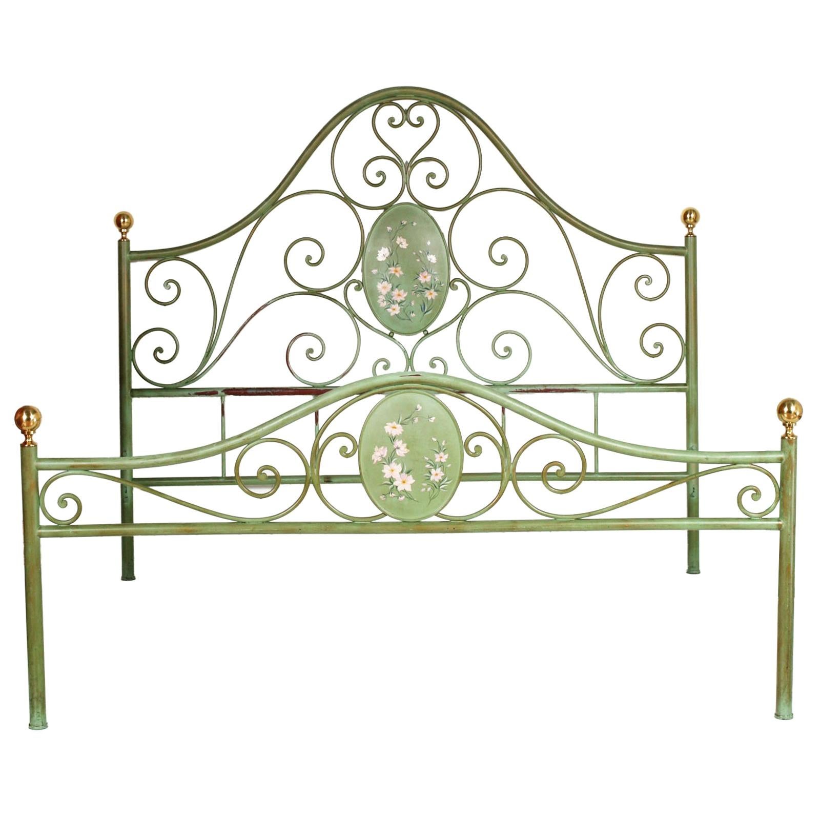 Italian Double Bed Painted Antiqued Green and Hand-Decorated Iron, Golden Parts