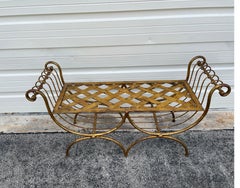 Vintage Italian Gilt Iron Double Curule Bench, 1950s Hollywood Regency