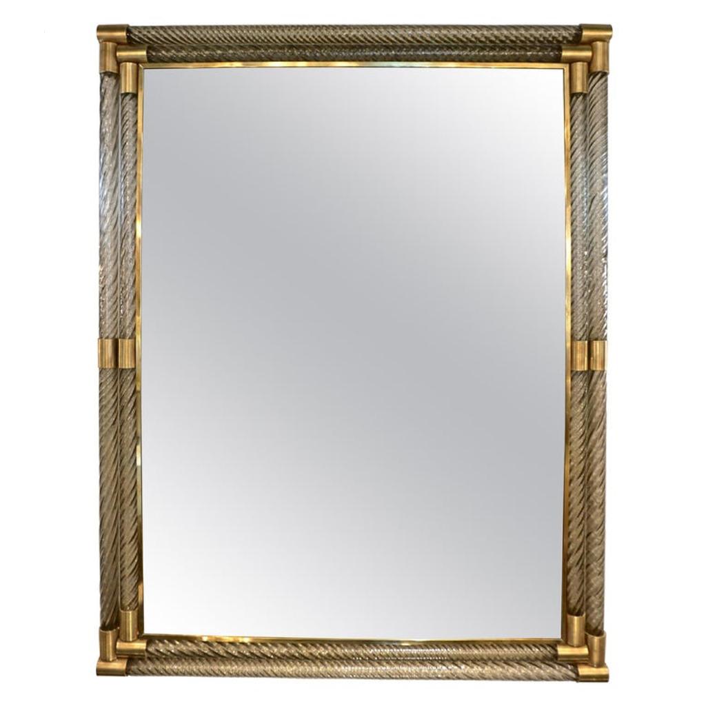 Italian Double Frame Twisted Crystal Murano Glass Mirror with Gold Brass Accents For Sale 5